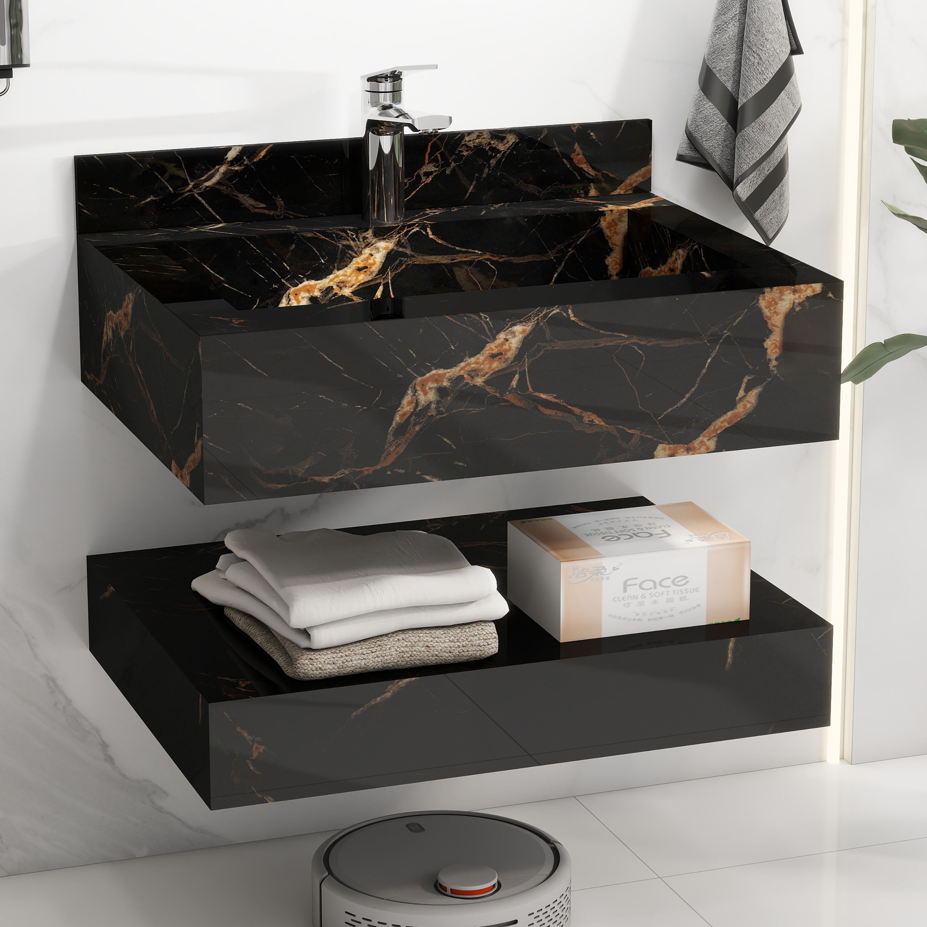Rock Slab Floating Vanity with Washbasin for Bathroom/Cabinet with Basin (APS-ED-1158-60x45CM) Wall Hung Basin-image-48