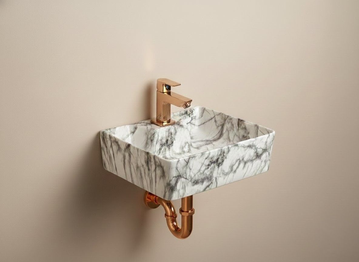 Ceramic Premium Wash basin for Home, Hotels (16x12x5)(B-04) (16x12x5) (M04) Classic White Grey Marble Design Table Top Basin-image-5