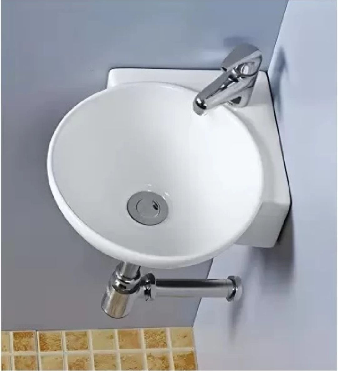 Ceramic small corner hand wash basin for Bathroom (14"X14"X4.5" Inch) wall hung White Corner Basin