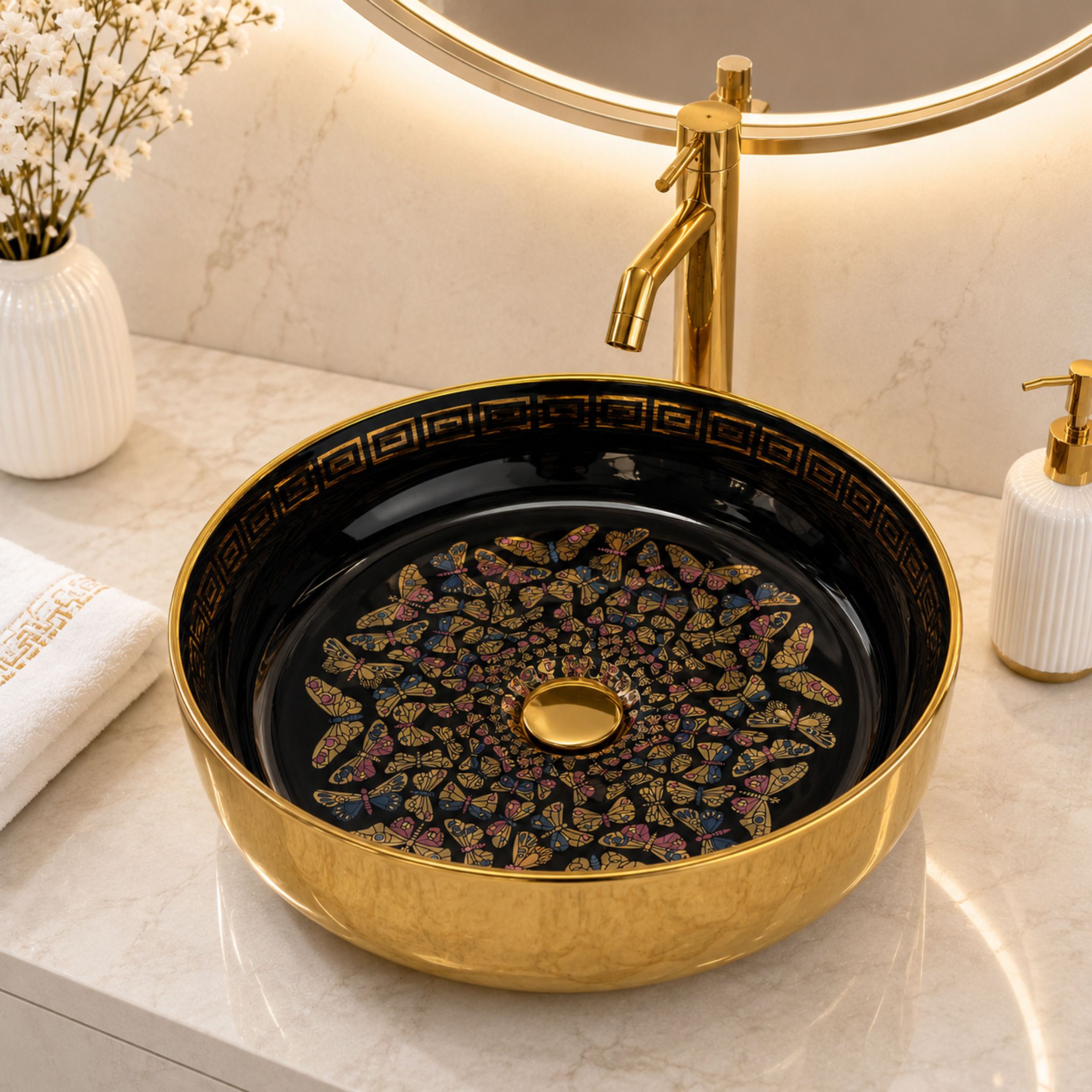 novera global Onyxwing Ceramic Round Countertop Basin with Butterfly Art | 5-Year Warranty | Glossy Black Interior & Mirror Gold Exterior | Vessel Sink for Bathroom Vanity | Table Top Basin-picture-50