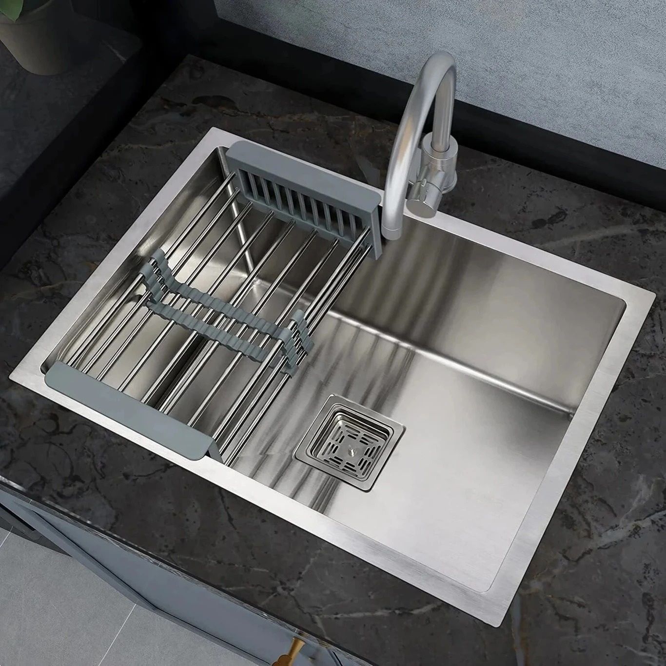 Luxury Handmade Stainless Steel Single Bowl Kitchen Sink with Square Drain Heavy Duty SS Kitchen Sink 24*18*10 Inch with Coupling, Hose & Drain Rack Vessel Sink-image-11