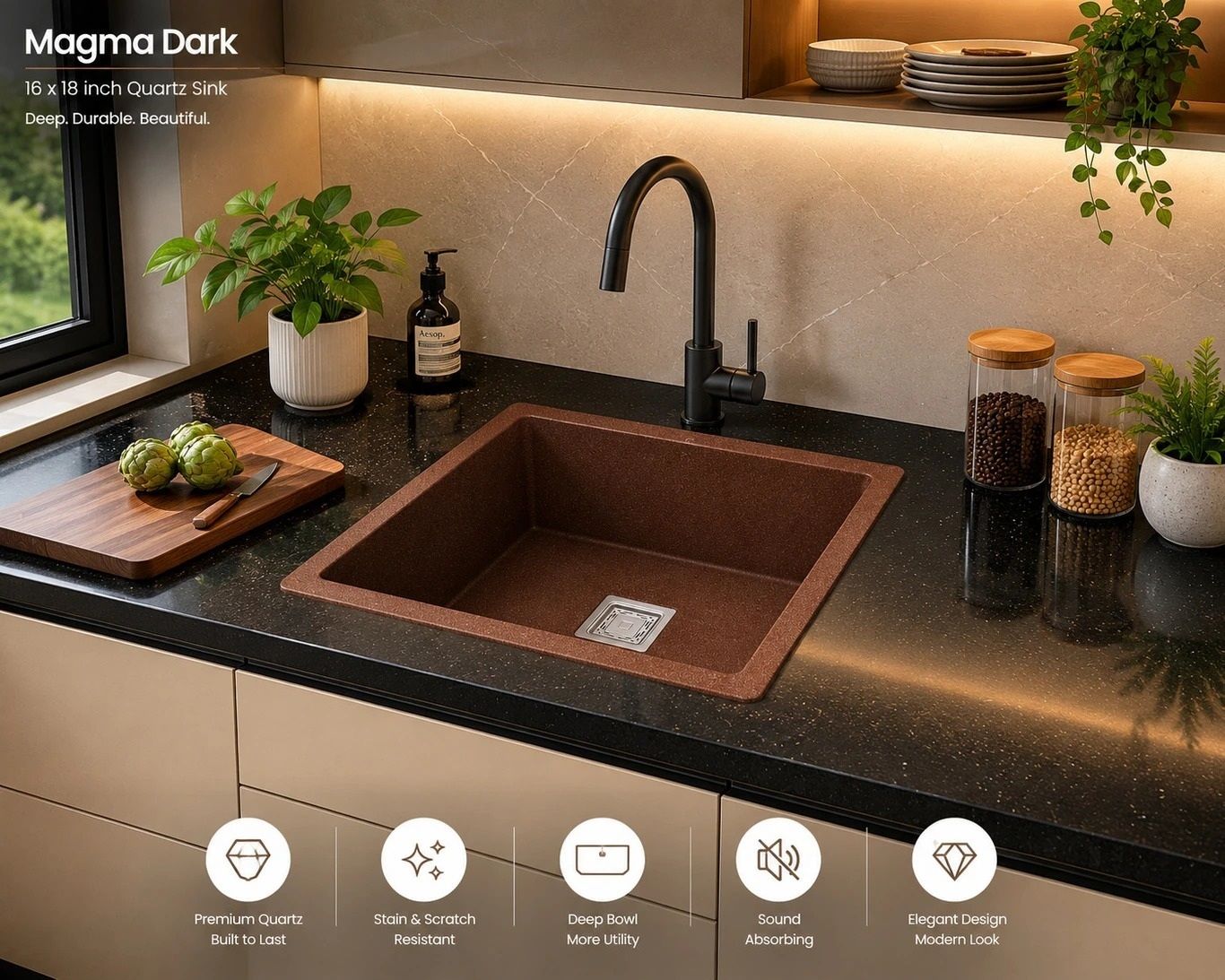 Premium Quartz Kitchen Sink 16*18*9 Inches Brown Granite Single Bowl CompositeSink with StainlessSteelWaste Coupling Flexible Drain PipeDualMount Vessel Sink-image-34