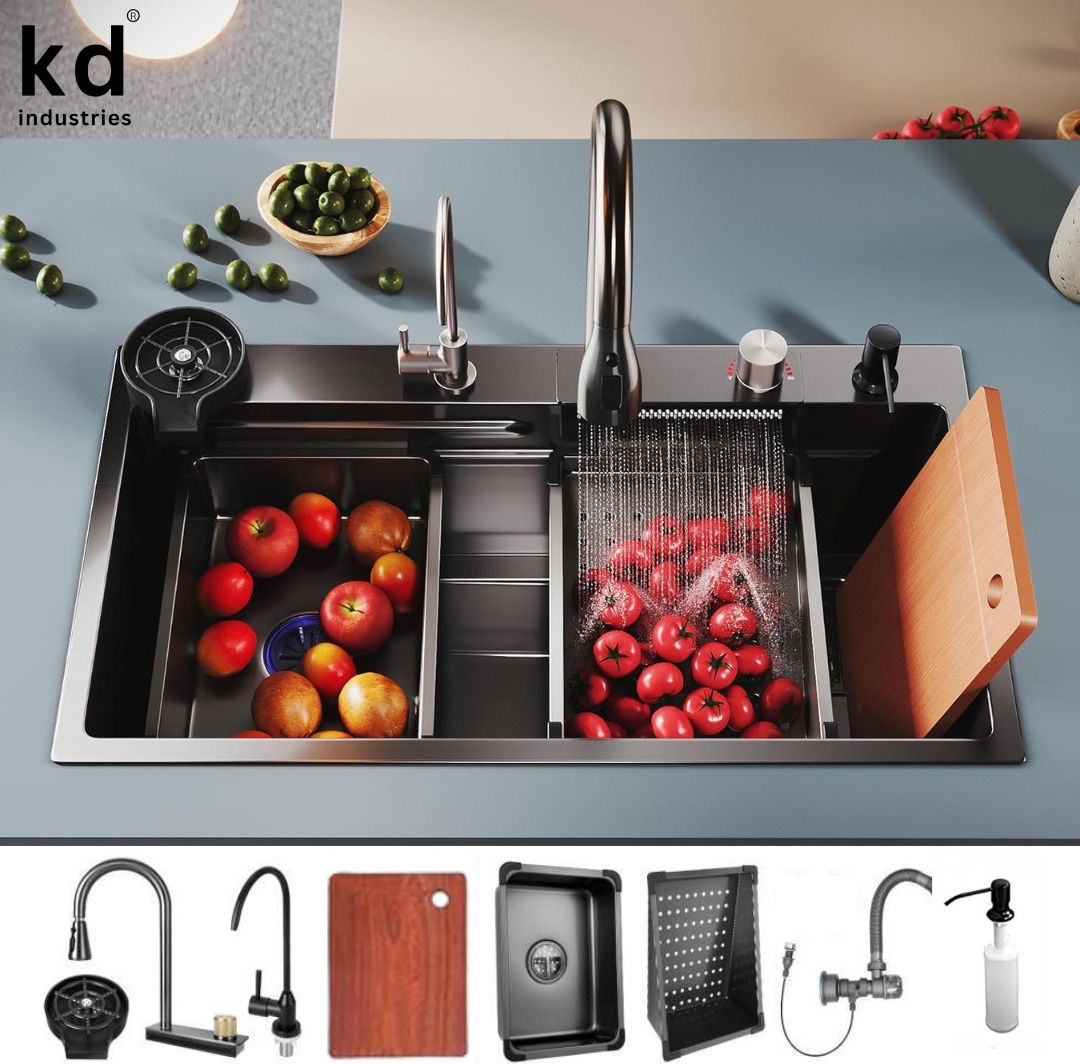 kd industries Black Waterfall Kitchen Sink 30x18 Inch | Stainless Steel (304) | Accessories Included | Multi-functional All In One Sink (Anti Scratch) (Anti Stain) Vessel Sink-picture-10