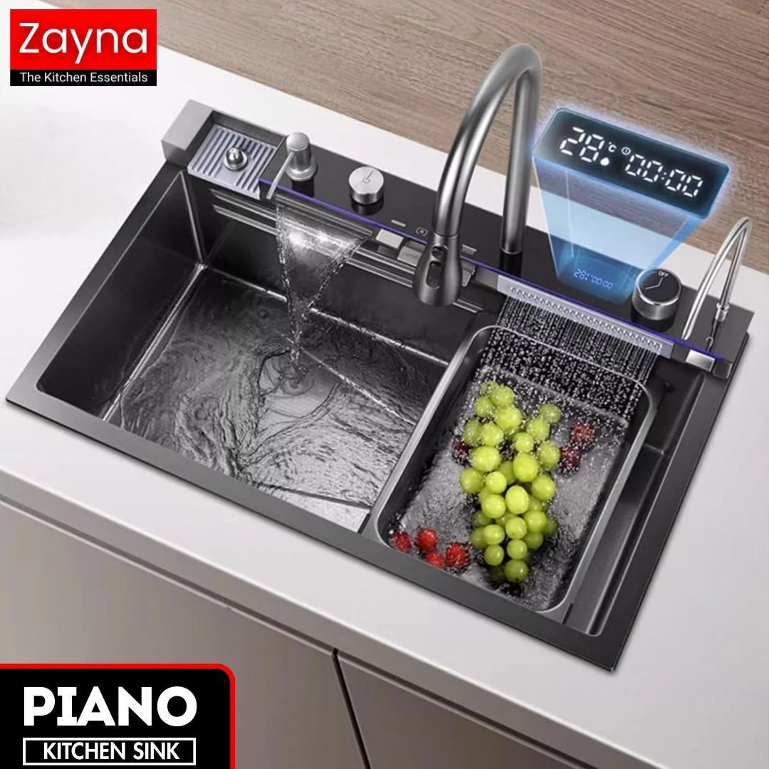Smart 30X18 Piano Kitchen Sink With Integrated 5 Button Digital Panel Waterfall Faucet,Temperature Display, Ambient Light & Full Accessories 304 Grade Vessel Sink-image-35