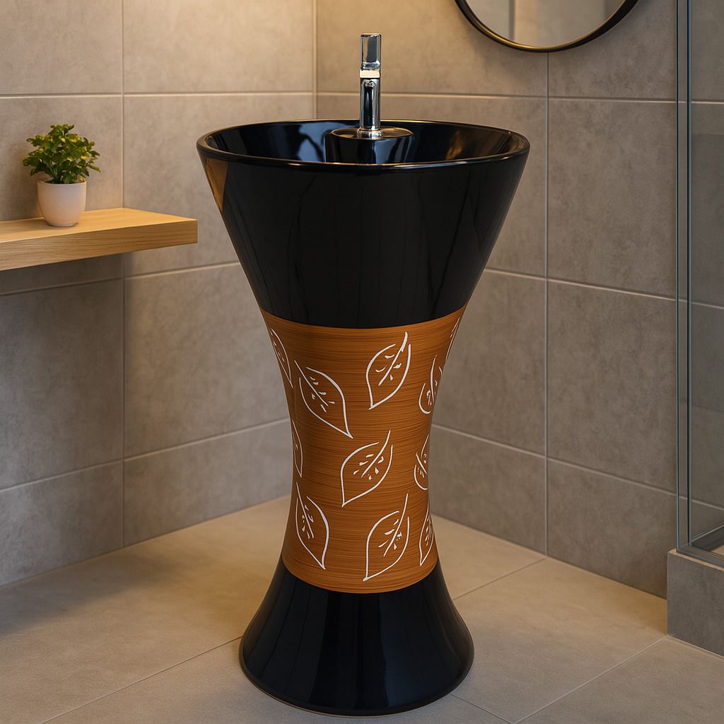 hand wash basin stand| Pedestal Wash Basin | Black & Brown Leaf | Pedestal Basin-image-46