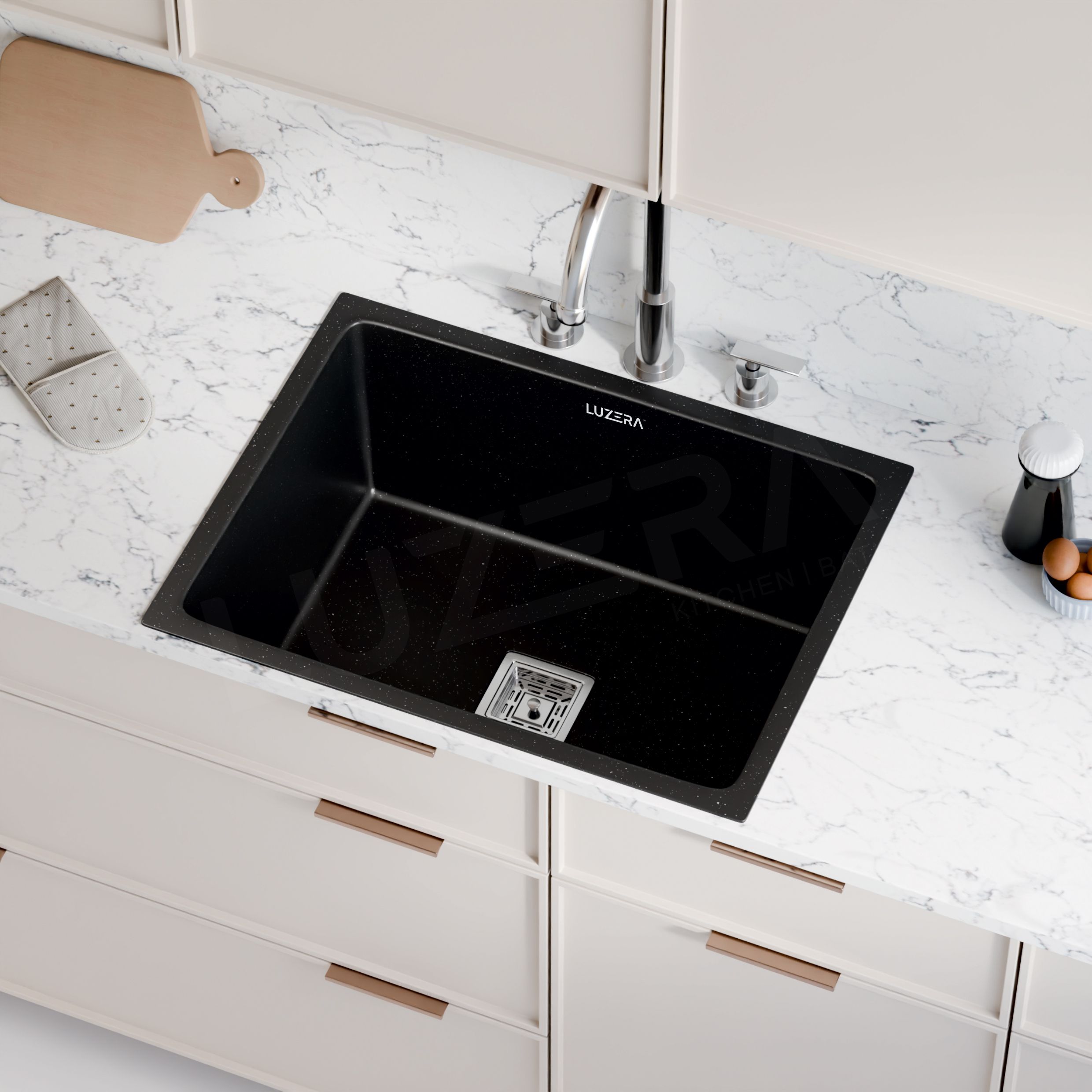 luzera LUXURY MATT BLACK QUARTZ KITCHEN SINK WITH VEGETABLE BASKET 24X18 Top Mount-picture-45