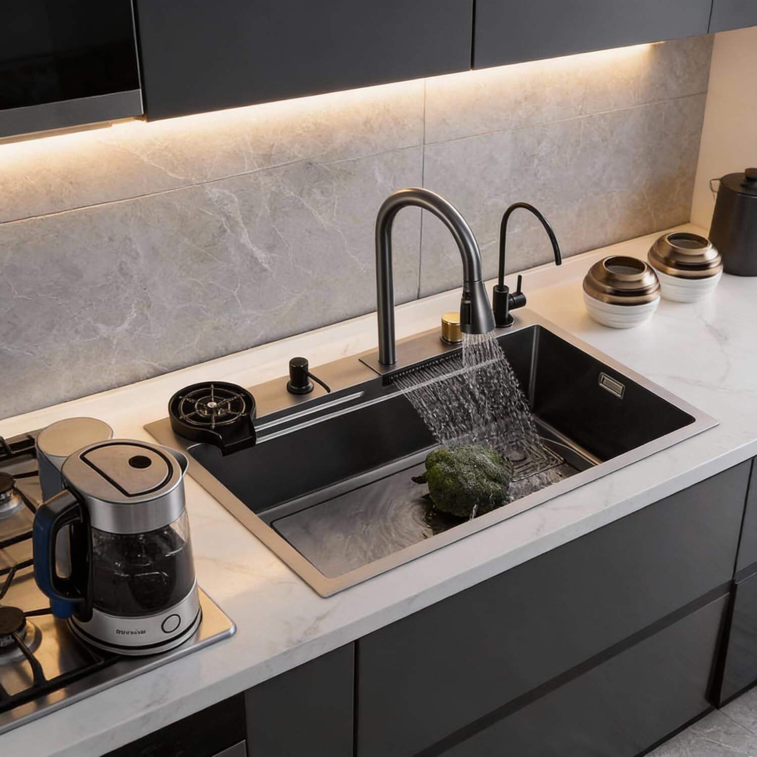 Lite 24"x18"x9" Inch Waterfall kitchen sink Black Finish Kitchen Sink Multifunctional Waterfall Kitchen Sink With All Accessories Vessel Sink-image-46