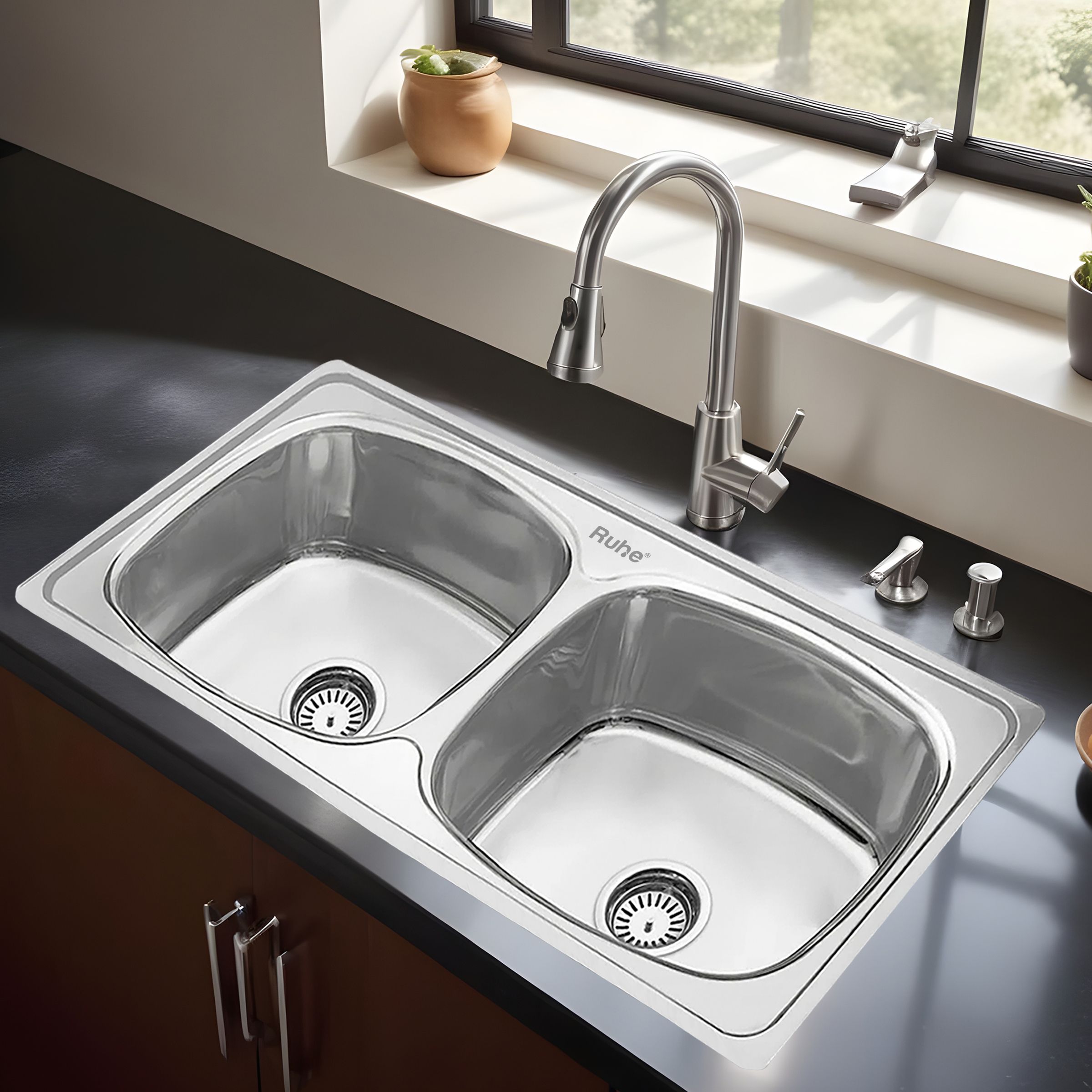 ruhe Oval Double Bowl 45x20x9 Inches Kitchen Sink| Premium Stainless Steel Sink 13-0302-02 Vessel Sink-picture-13