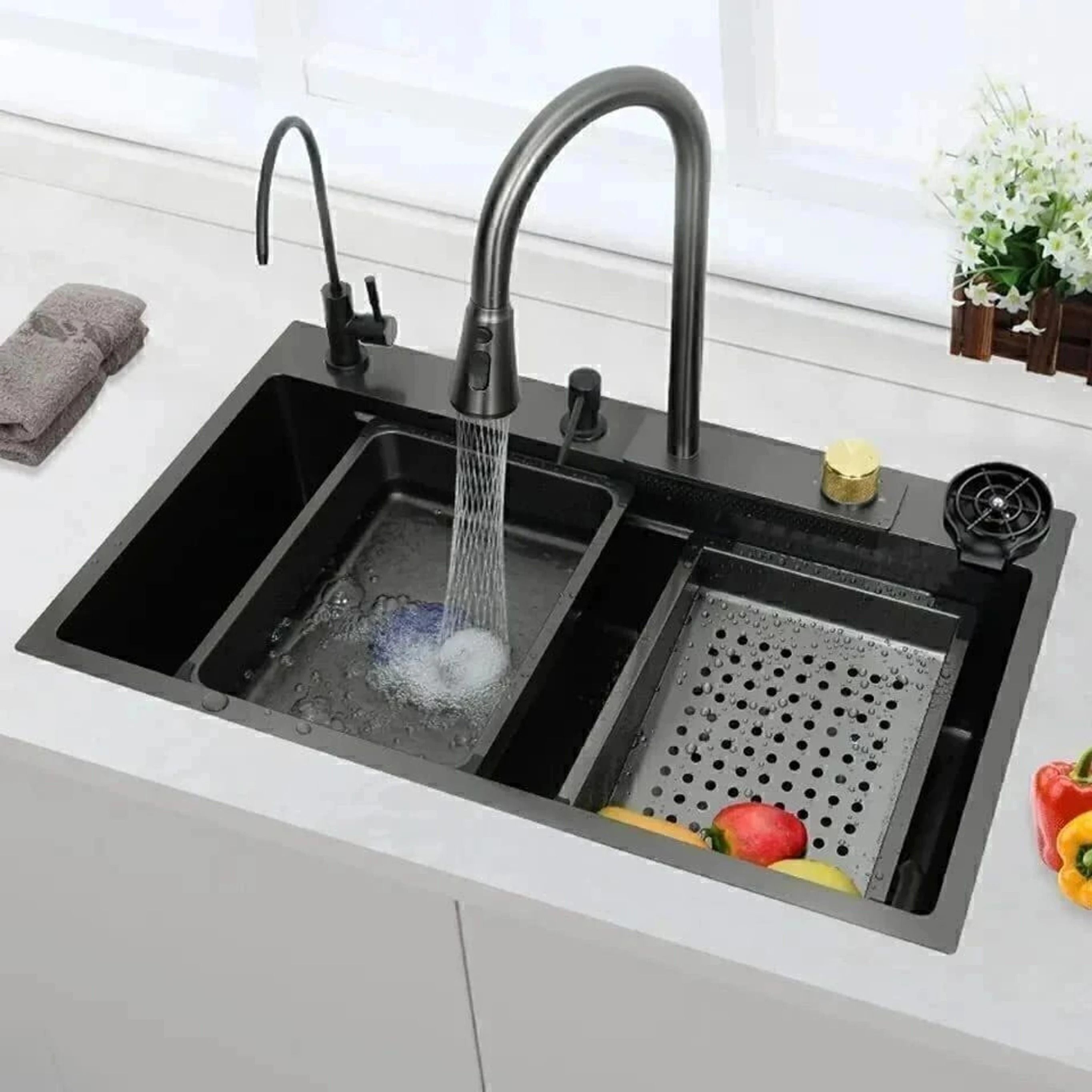 304 Grade Multifunction Kitchen Sink 30'' x 18'' x 10'' Integrated Waterfall & & Pull-down Faucet Set-Stainless Steel Sink with Cup washer and Drain Baskets Vessel Sink