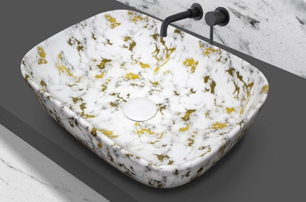 Luxury Ceramic Wash Basin with Marble Finish | Stylish Countertop Sink for Bathroom & Vanity | Modern Rectangle Design (L45xW32.5xH12.5Cm) Table Top Basin-image-30