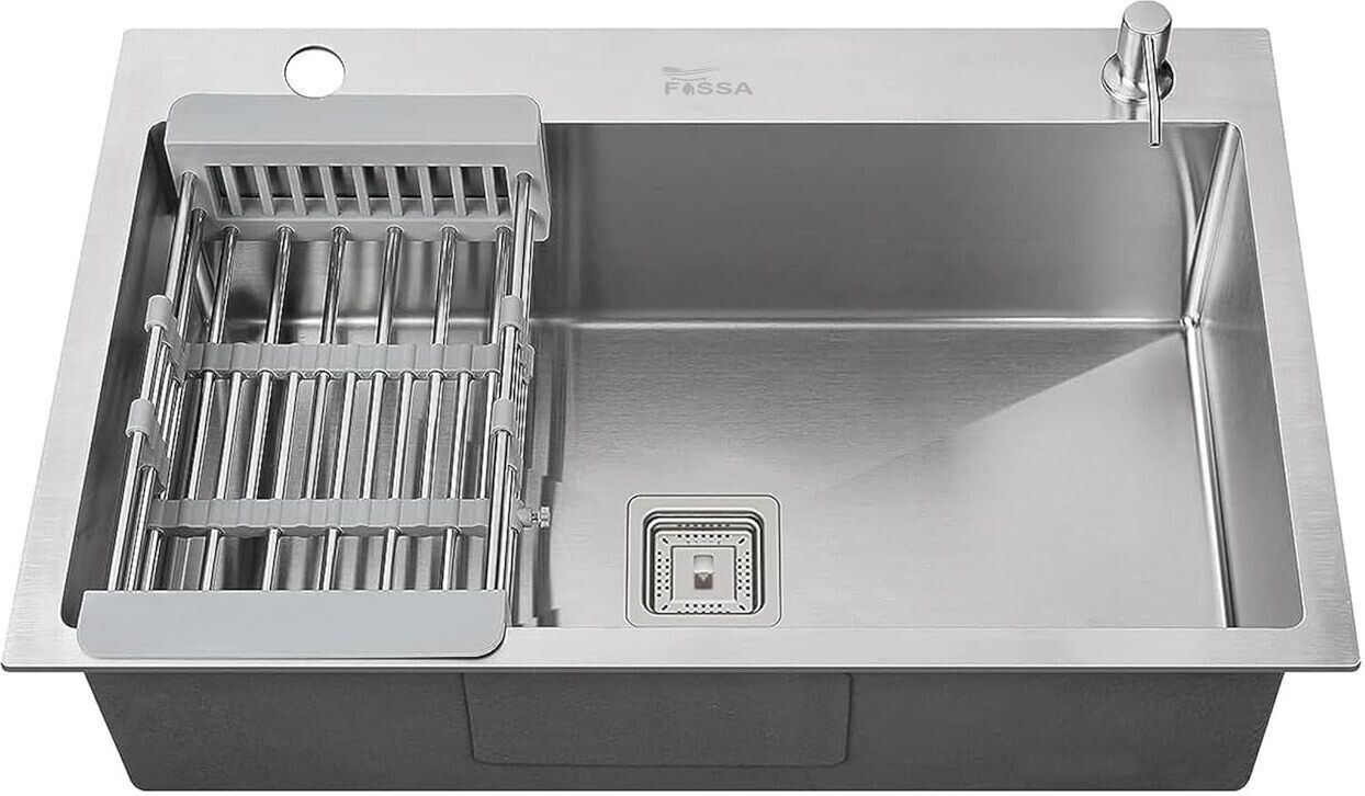fossa Silver Kitchen Sink - 24"x18"x10" Single Bowl with Tap Hole Sink 304 Grade Stainless Steel Handmade Kitchen Sink Includes all Accessories Vessel Sink-picture-37