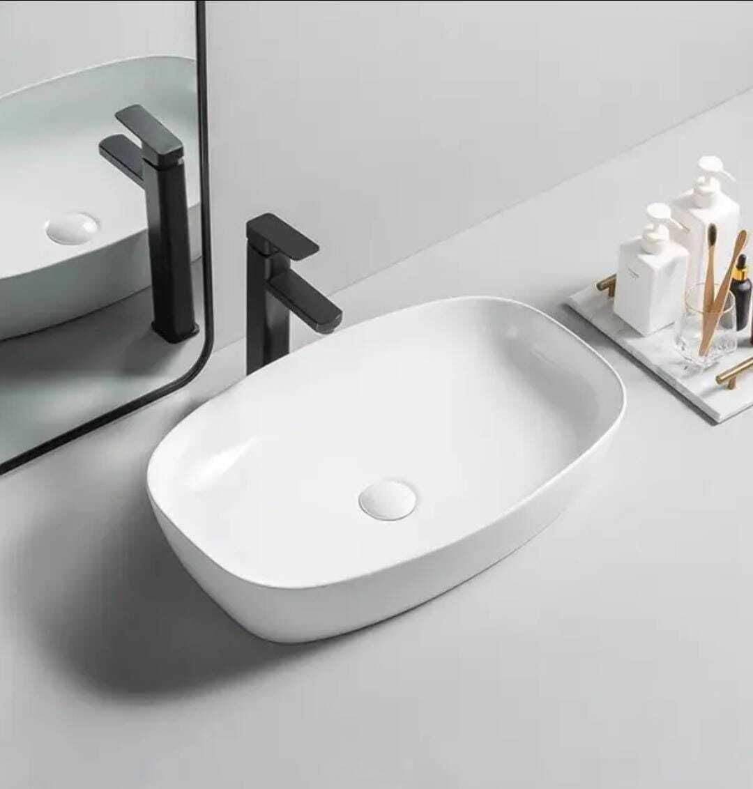 Premium Designer Ceramic Wash Basin with Waste Pipe & Coupling set (PENTA 24X15X5) Table Top Basin-image-26