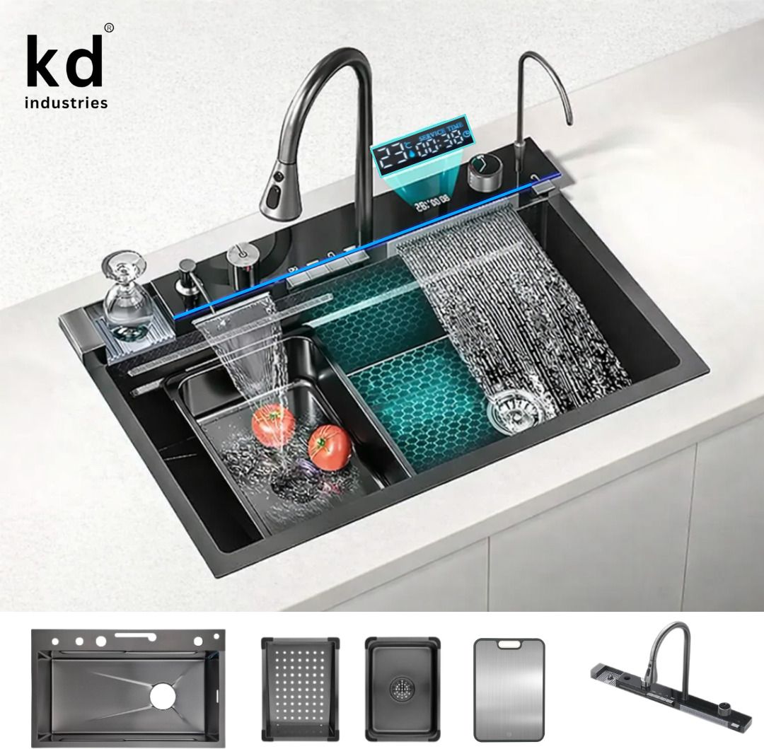 kd industries Smart Multi-Functional All In One 30X18 Piano Kitchen Sink With Integrated 5 Switch Digital Panel & LED Temp Display & Dual Waterfall With All Accessories Vessel Sink-picture-26