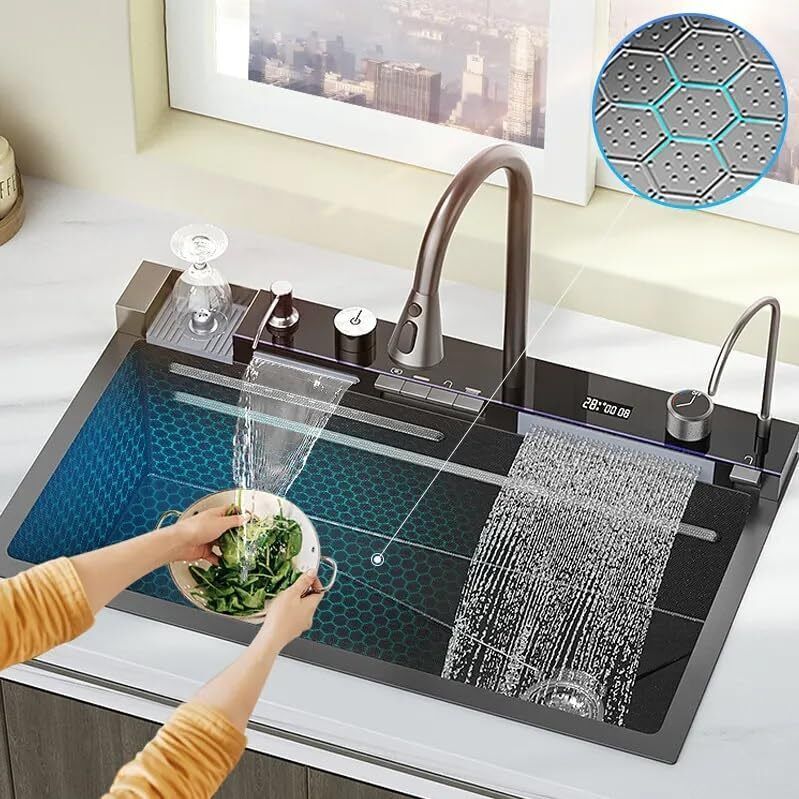 30x18x9 Inch Anti Scratch Kitchen Sink , Multifinction Sink, 5-Piano Switch Waterfall and Pull-down Faucet And Accessories Digital Display Vessel Sink-image-13