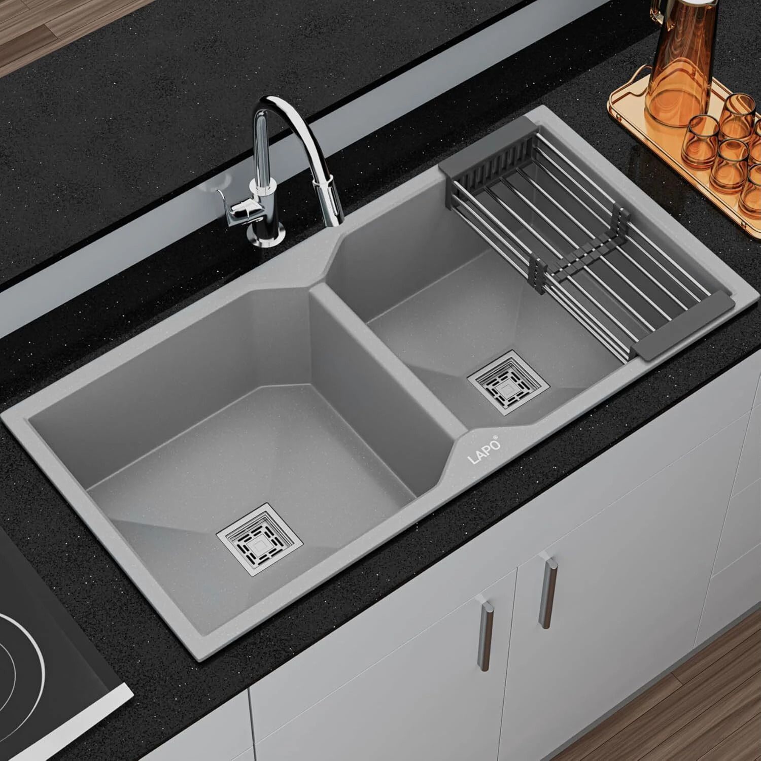 lapo Quartz Kitchen Sink, Single Bowl Sink with -Grey Metallic Finish -37x18 Inches Quartz-Sink-Grey Double BWL-37x18 Top Mount-picture-10