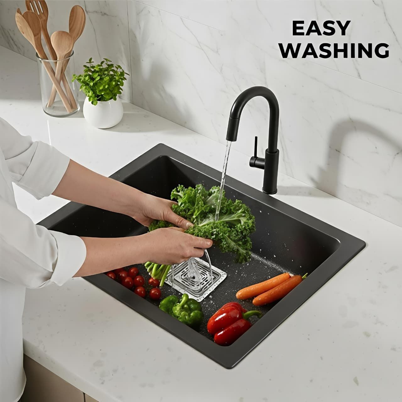 Premium Quartz Kitchen Sink 16*18*9 Inches White Granite Single Bowl Compo siteSink withStainlessSteel Waste Coupling Flexible Drain Pipe Dual Mount Counter Top-image-25