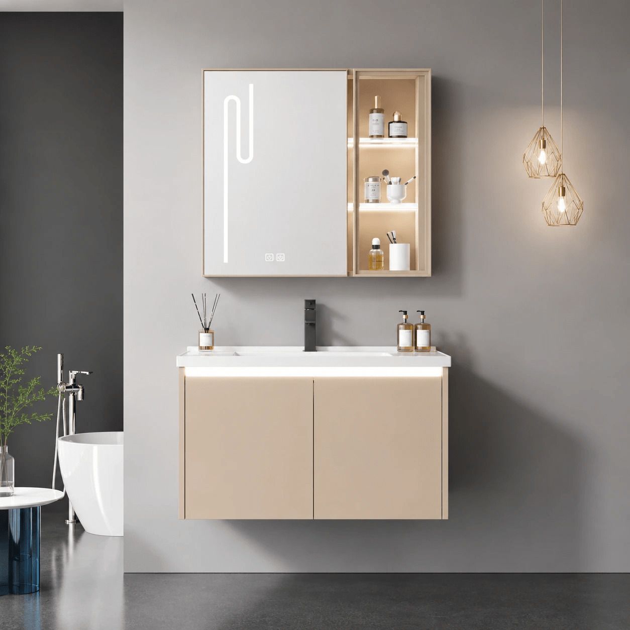 JABON BAGNO Stainless Steel Bathroom Vanity Set Motion Sensor LED Mirror Cabinet Apricot Finish | Wall Mounted Ceramic Wash Basin with Tap Hole (80cm) Wall Hung Basin-image-3