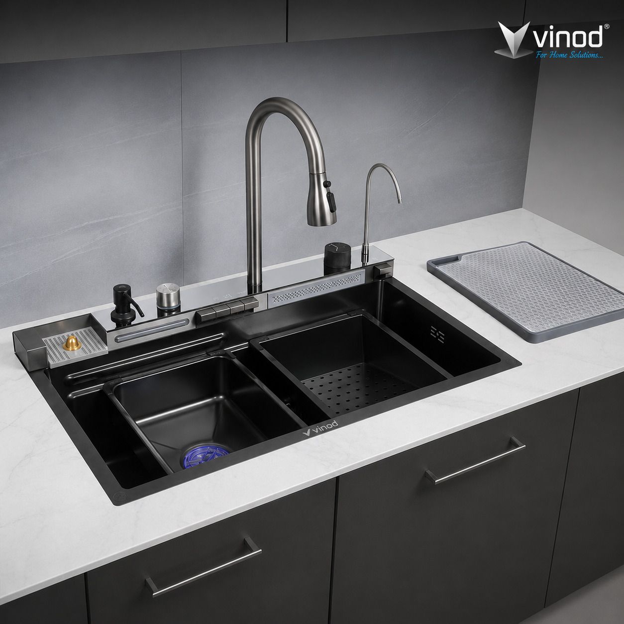 Vinod 30x18x9 Smart Piano Waterfall Kitchen Sink with All Accessories. 30X18 Smart Piano Waterfall Kitchen Sink With Multi features and buttons(BLACK) Vessel Sink-image-21