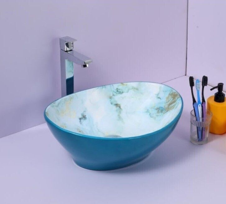 Glossy Finish Table Top Vessel Sink Oval Shape Wash Basin For Bathroom (18 x 13 x 5.5 Inch) Counter Top-image-3