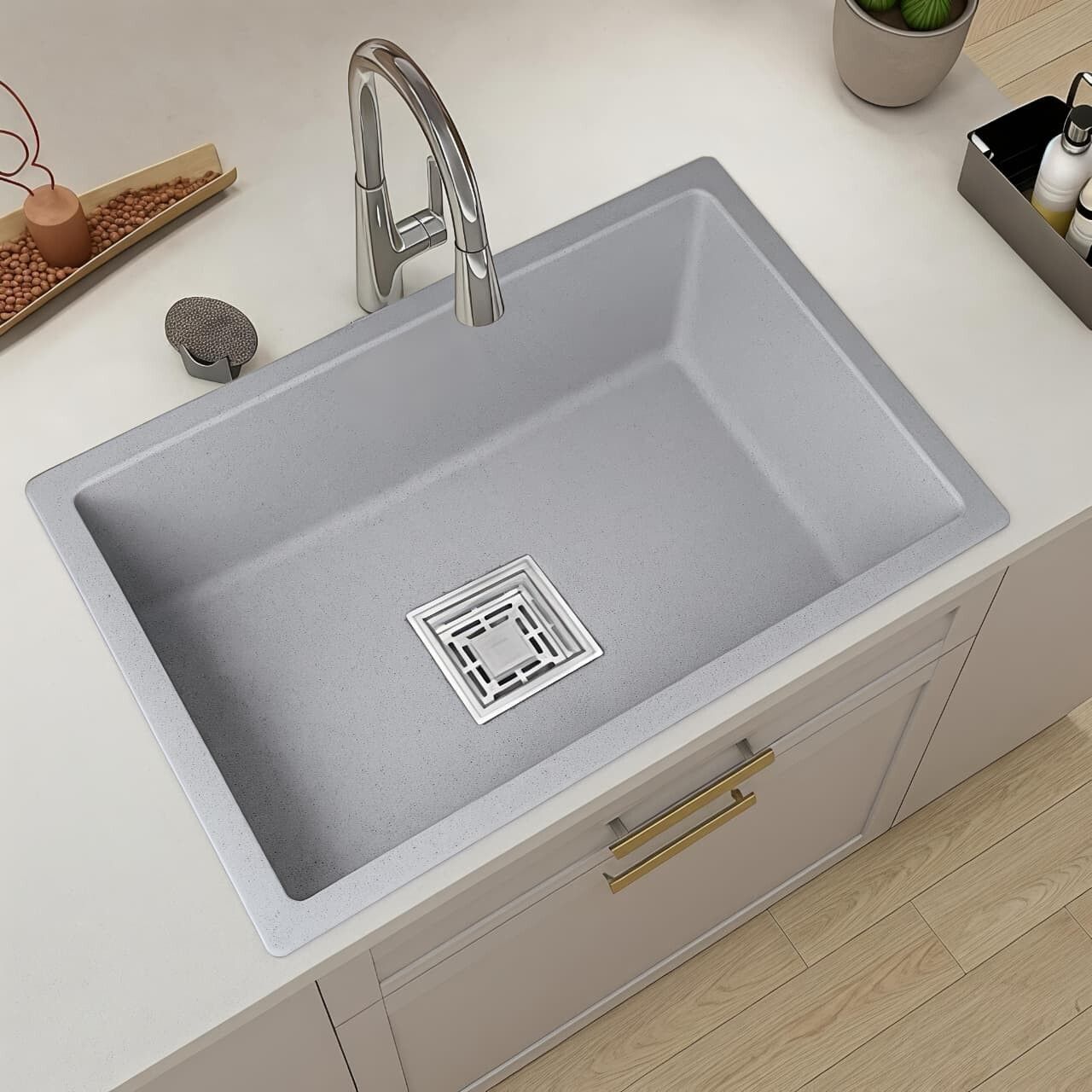 crown PREMIUM QUARTZ MATERIAL QUARTZ KITCHEN SINK WITH FRUIT BASKET CR-24X18 INCH Top Mount-picture-46