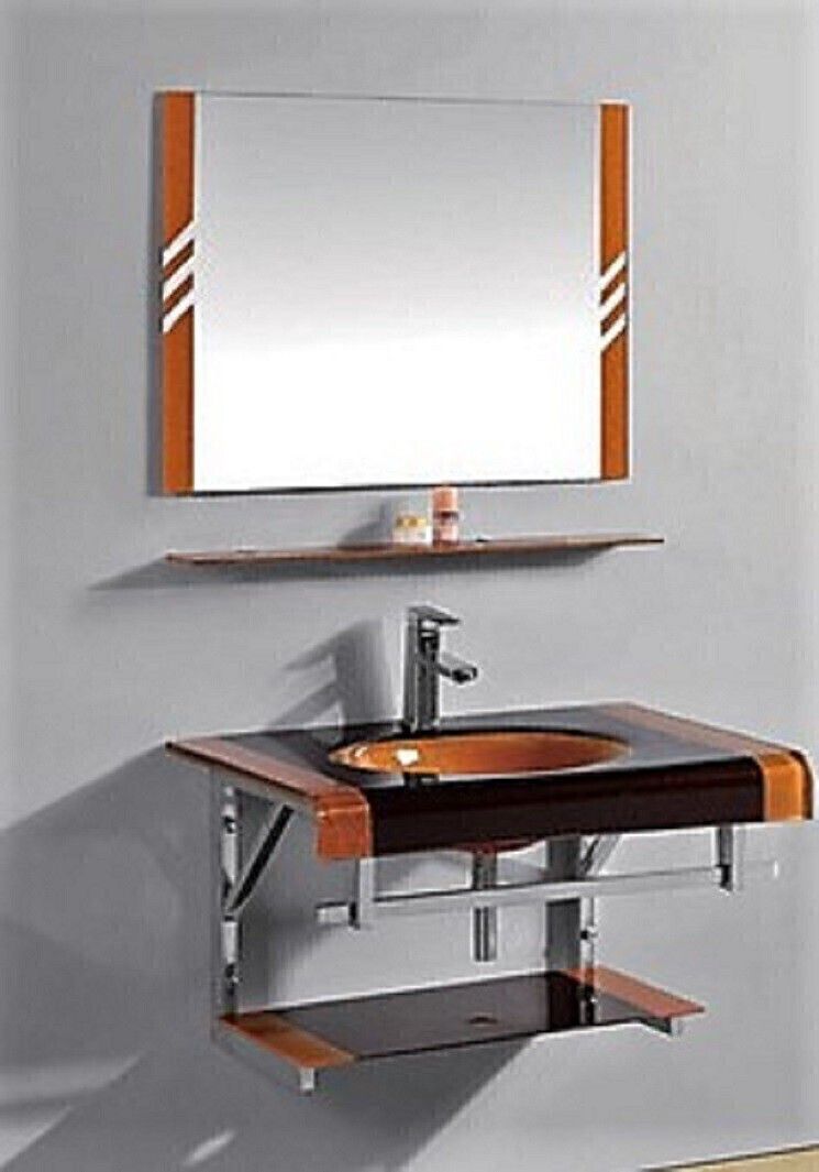 vision glass OV_044 (24"x21" Inch) Glass Wash Basin With Mirror, Self & Steel Stan (Full Set) Wall Hung Basin-picture-27