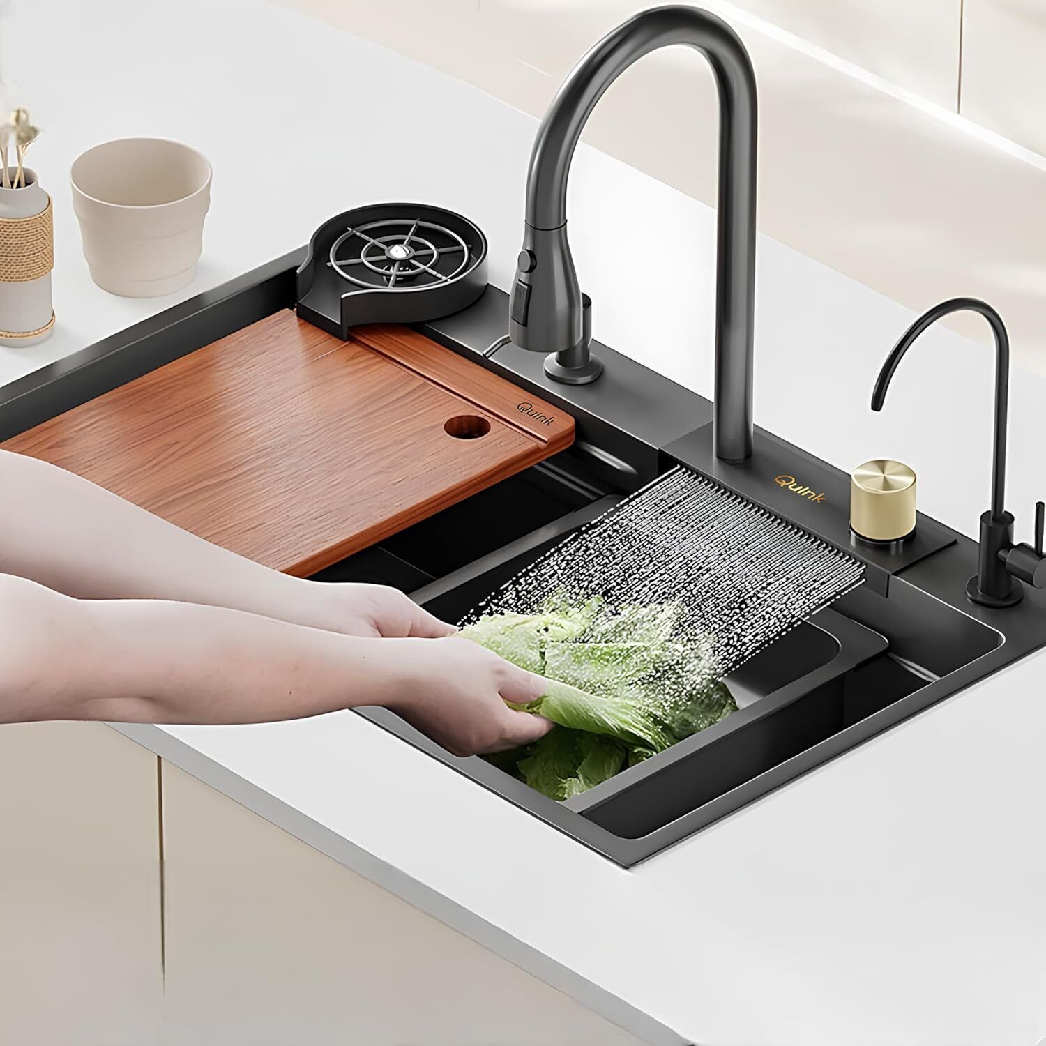 Kitchen Sink 30"x18"x9" Inch with Integrated Waterfall and Pull-down Fauce Rectangular Shaped (75x46x21 cm) Vessel Sink-image-9