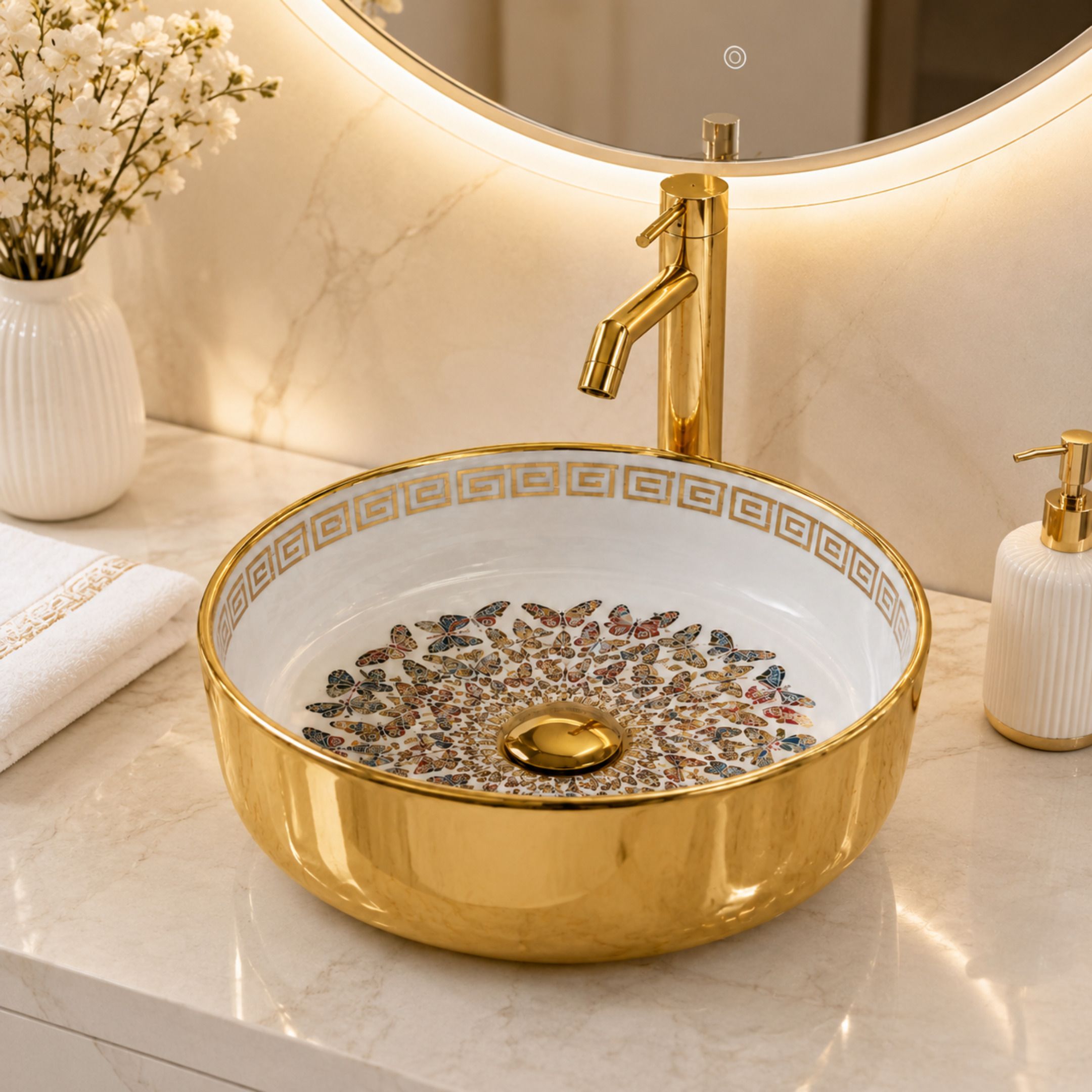 Pearlwing Ceramic Round Countertop Basin with Butterfly Art | 5-Year Warranty | Glossy White Interior & Mirror Gold Exterior | Vessel Sink for Bathroom Vanity | Table Top Basin-image-47