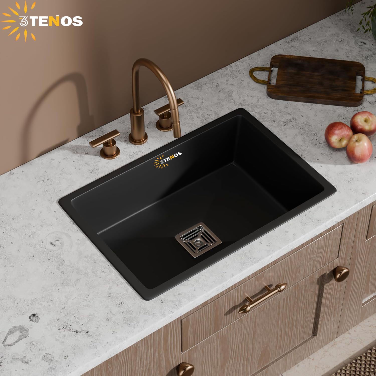 3tenos Heavy Duty Natural Quartz Kitchen Sink 24*18*9 inch Premium Matte Black Granite Kitchen Sink Single Bowl 9 Inch Vessel Sink-picture-36