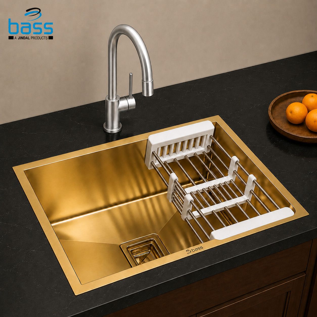 vinod kitchen BASS Gold Finsh 24x18 Sink BASS 24x18 Handmade Sink Gold Single Bowl SS Kitchen Sink with Rack 24x18x10 Vessel Sink-picture-15