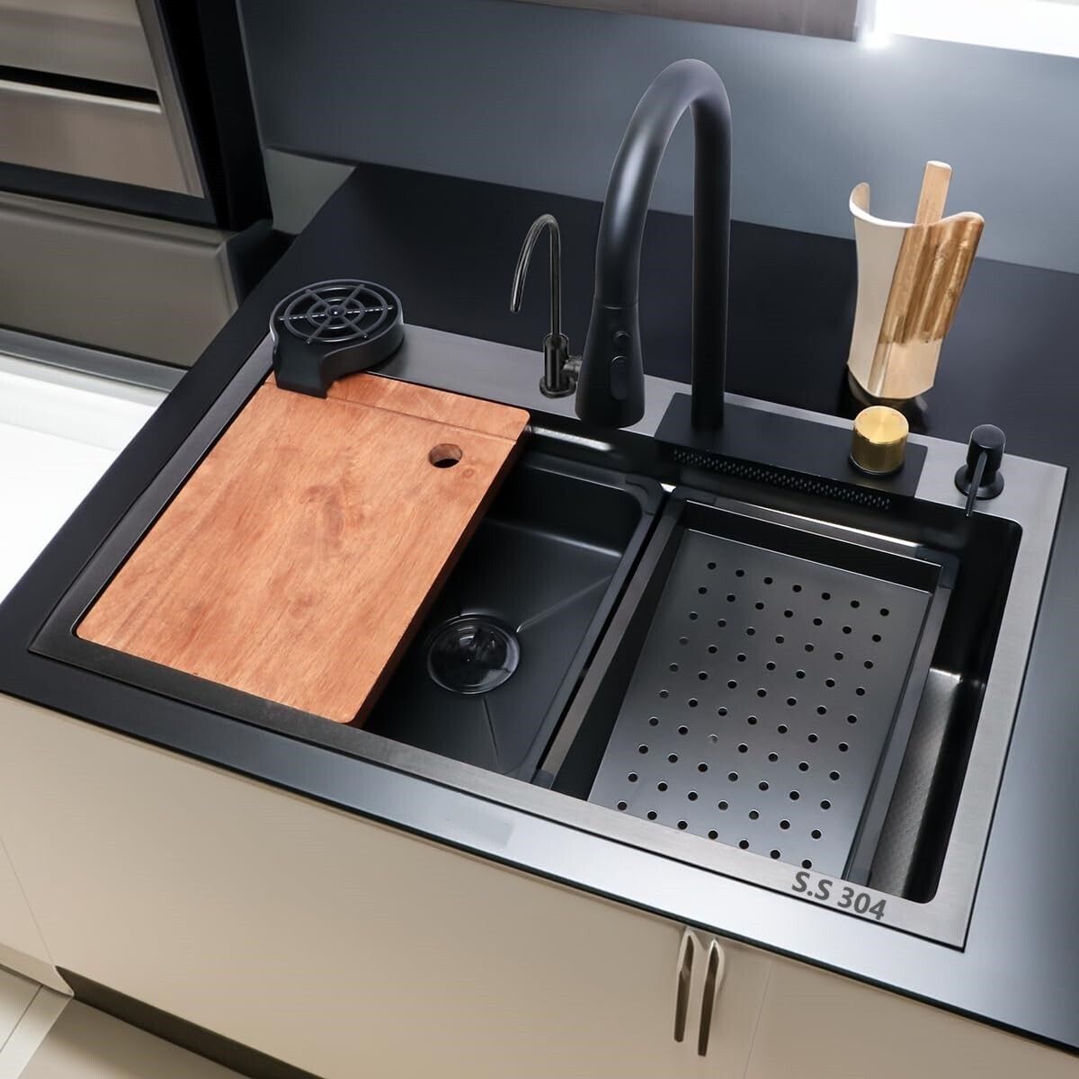 Handmade Premium Stainless Steel Nano Single Bowl 30x18x9 inches Kitchen Sink with Integrated Waterfal, RO Tap and Pull Out Faucet Counter Top Matte Finish Vessel Sink-image-15