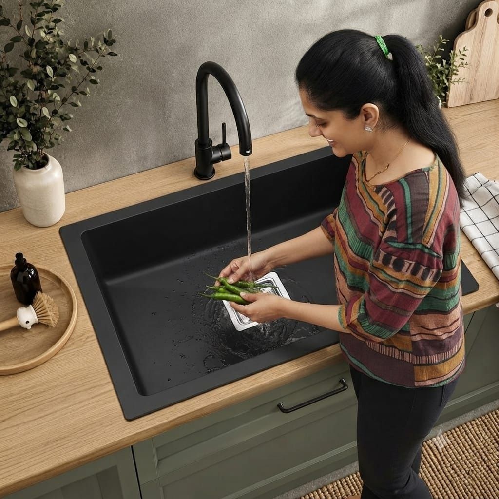 PREMIUM Quartz Kitchen Sink 24*18*9 Inch Metalik Black Single Bowl Granite Sink Waste Coupling & Pipe Easy to Clean, Non Fading Color and Counter Top-image-2