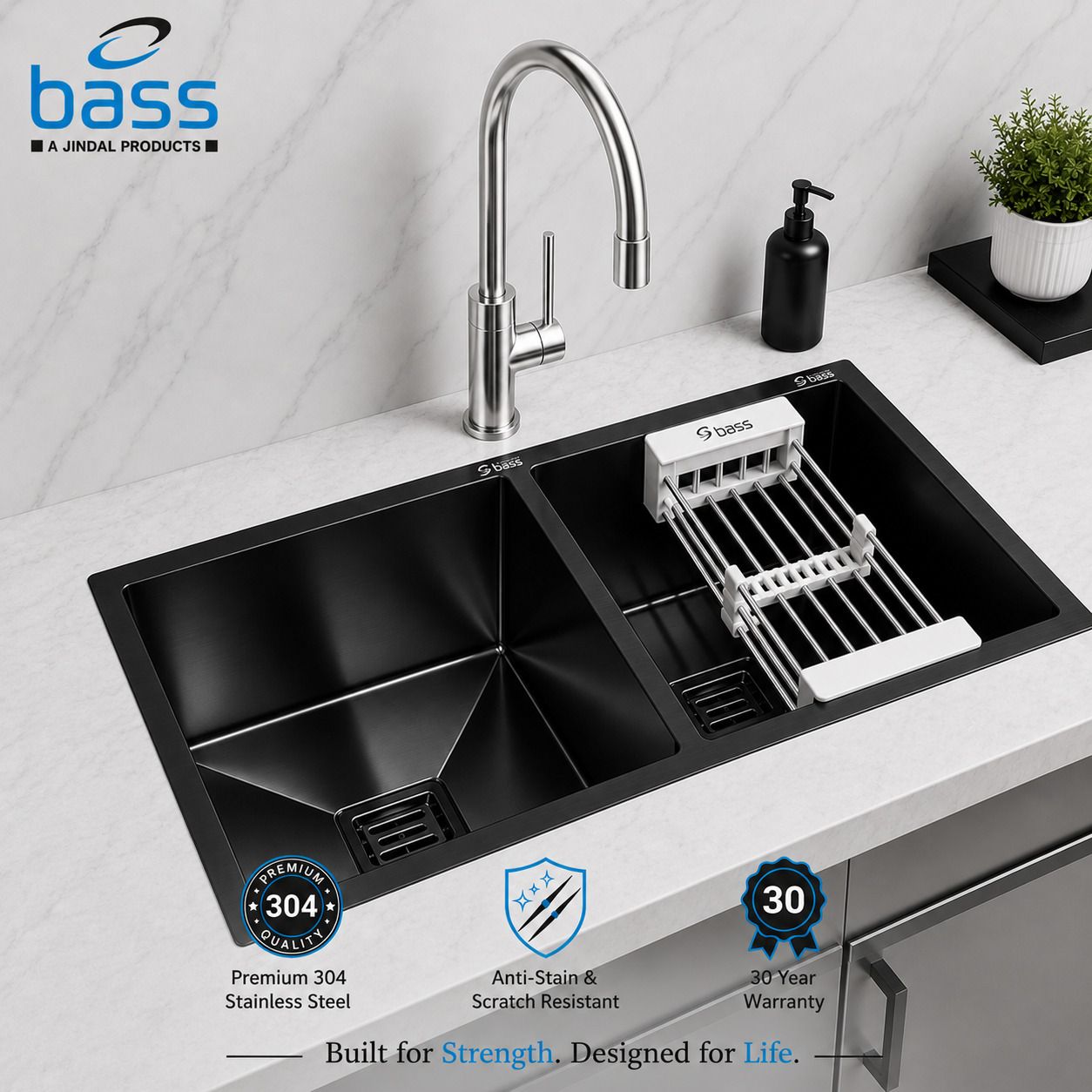 vinod kitchen BASS 45"x20"x10" Inch Double Bowl Premium Handmade Kitchen Sink Matte Finish 45x20x10 Stainless Steel Sink with rack (BLACK) Vessel Sink-picture-20