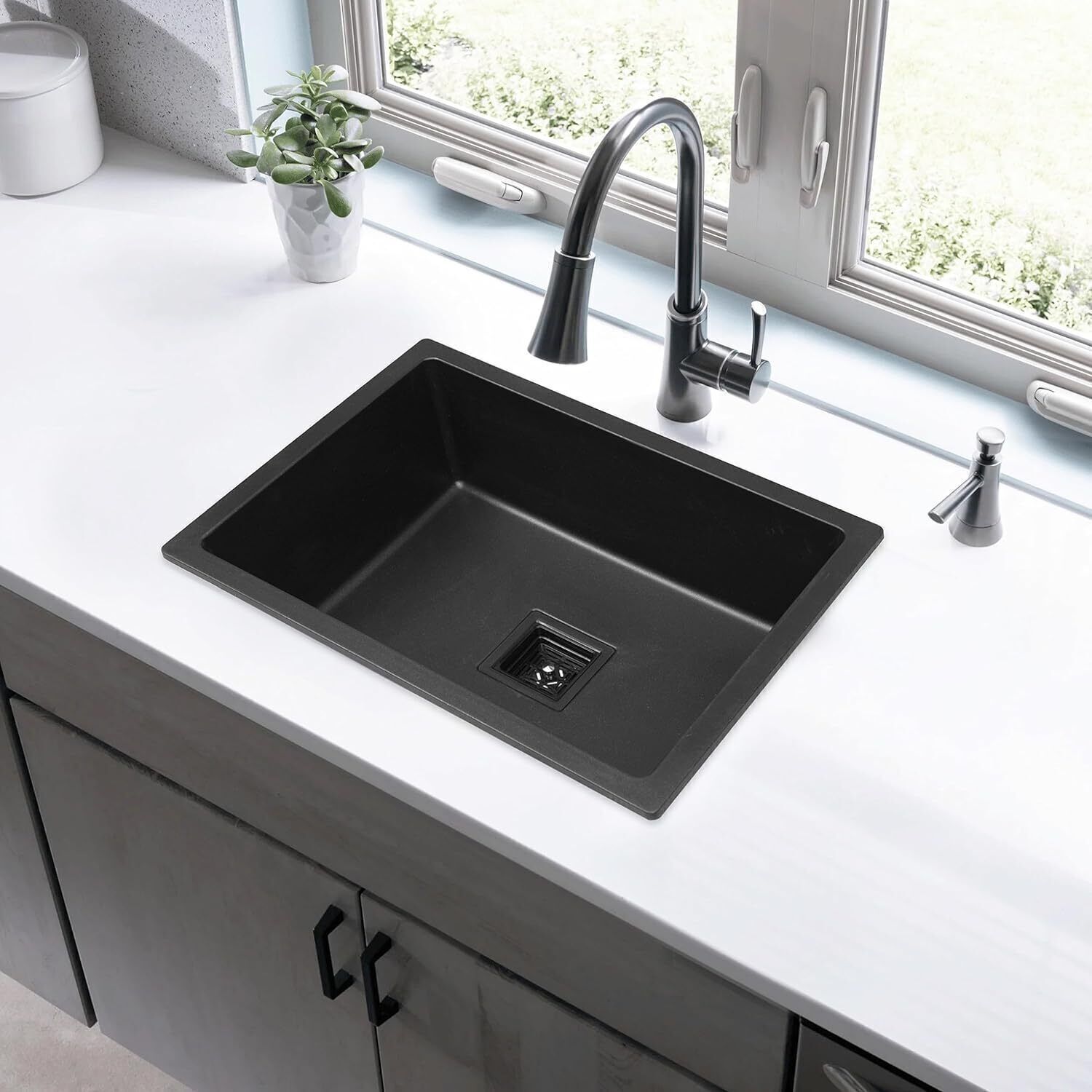 Quartz Sink - 18 x 16 x 8.5 In, 10mm Thickness - Heavy - Duty Premium Quality Coupling/Waste pipe Granite Finish Top Mount-image-30