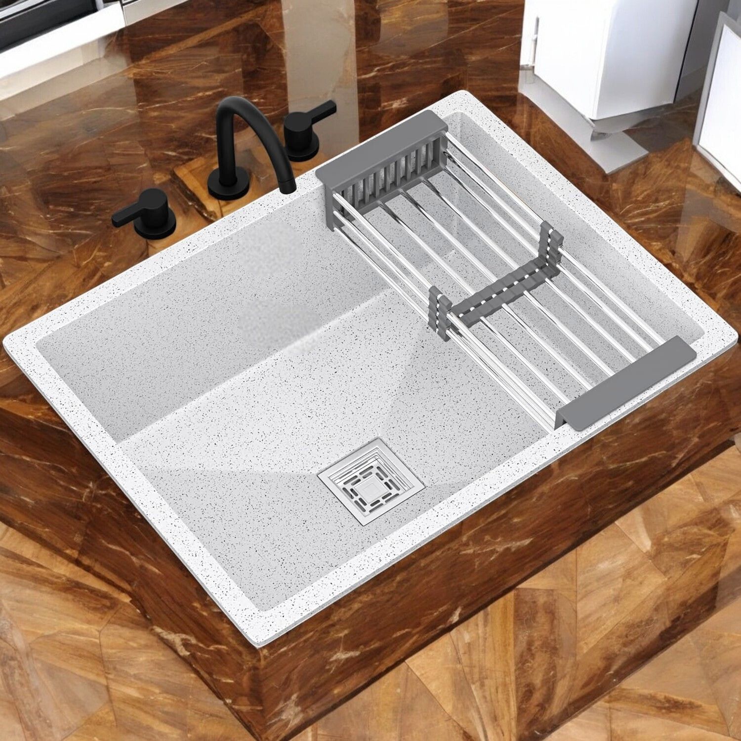 spunk 24x18x10 Quartz Kitchen Sink Single Bowl Metallic White Granite Sink for Kitchen SP2418GNW | Stain-Resistant, Heat-Resistant, Scratch-Resistant Vessel Sink-picture-13
