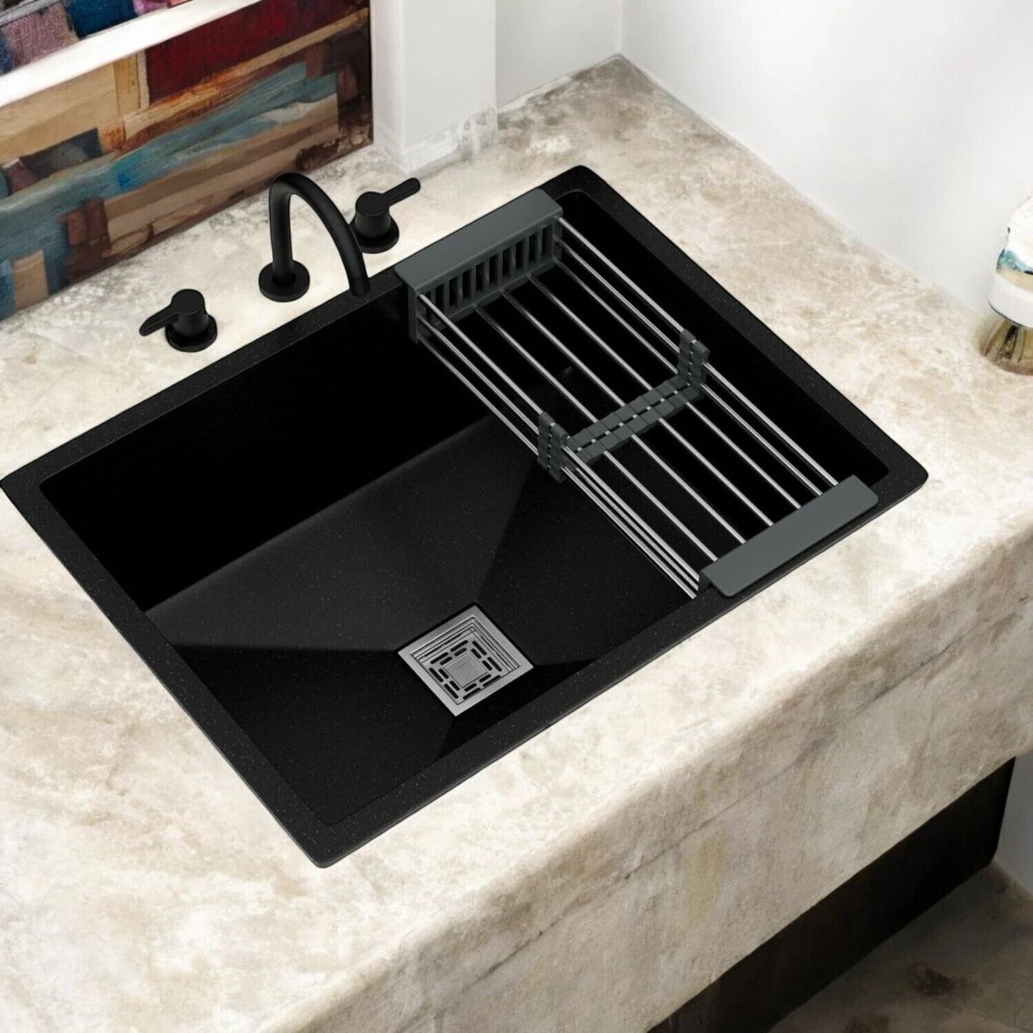 spunk 24x18x10 Quartz Kitchen Sink Single Bowl Midnight Black Granite Sink for Kitchen SP2418GNB | Stain-Resistant, Heat-Resistant, Scratch-Resistant Vessel Sink-picture-14