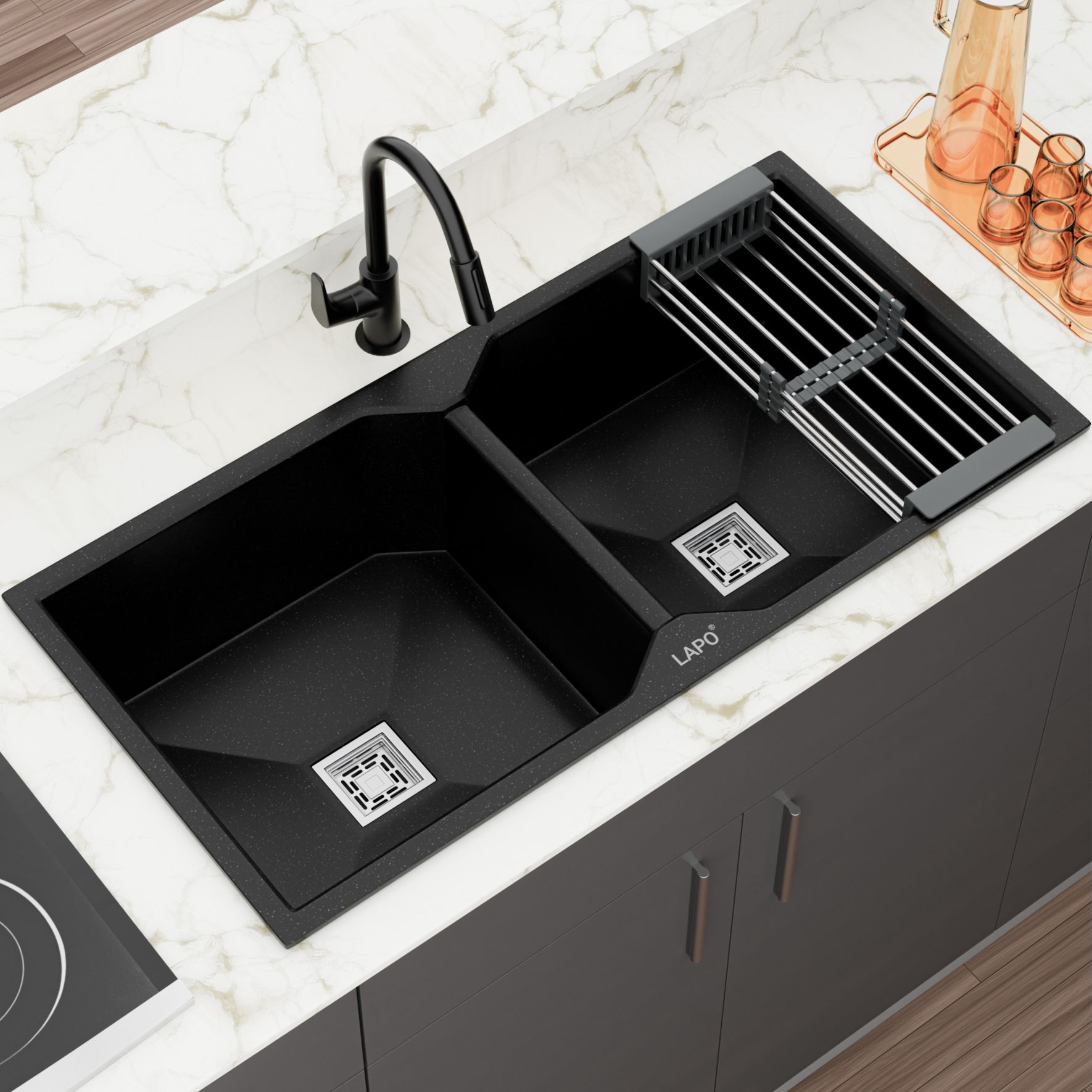 Lapo quartz sink Quartz-Sink-37x18-Double BWL-Black Under Counter Basin-picture-23