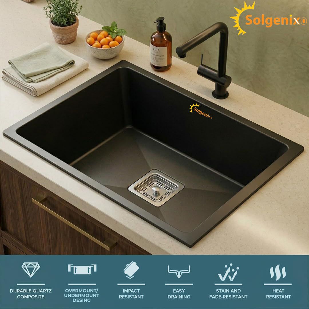 Granite Metallic Black Kitchen Sink 24*18*9" Luxury Deep Drain Grooves Design Single Bowl (Over Mount / Under Mount) Vessel Sink-image-44