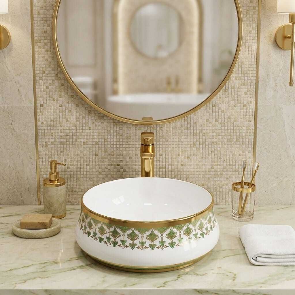 Premium Round Ceramic Counter Top Bathroom Basin | Designer Glossy Vanity Bowl | US-1008-A Table Top Basin-image-5