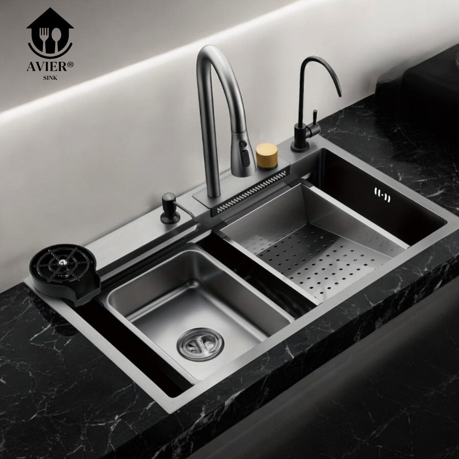 Waterfall and Pull-down Faucet/304 Grade Stainless Steel 30X18X9 Inch Sink Kitchen Sink with Waterfall and Pull-down Faucet/304 Grade Stainless Steel Vessel Sink-image-29