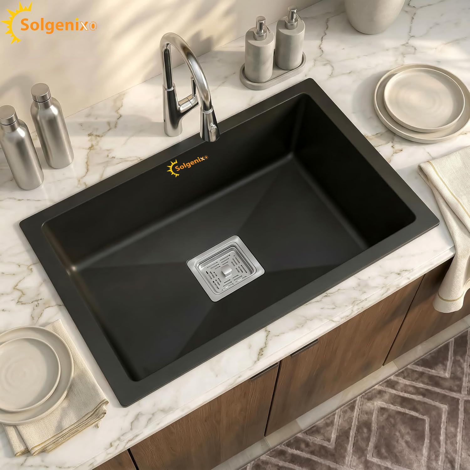 Granite Metallic Black Kitchen Sink 24*18*9 with Deep Drain Grooves Design Rectangular Single Bowl Vessel Sink-image-42
