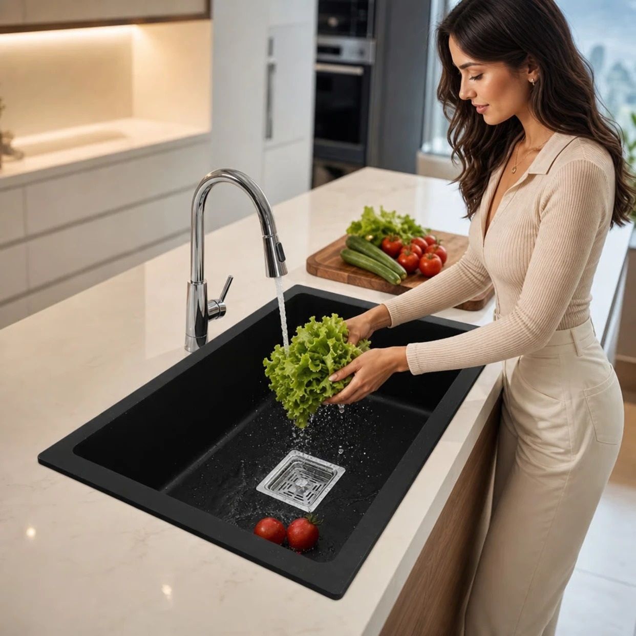 Quartz Kitchen Sink Black Matt Finish- 24x18x9 inch Single Bowl | black Top Mount-image-21