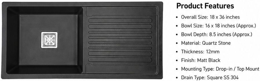 curata 18x36 Drain board Matt Black Quartz Kitchen Sink 18x36 | 12mm Thick Single Bowl | Top Mount-picture-20