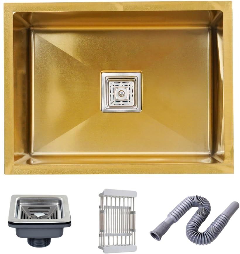 prestige 24"x18"x10" Inch Single Bowl Premium Handmade Kitchen Sink Gold 304 GRADE STAINLESS STEEL HANDMADE KITCHEN SINK WITH DRAIN RACK Vessel Sink-picture-33