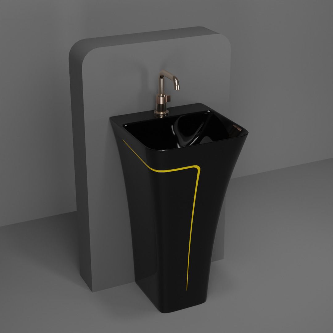 Premium Quality (FB :010 )Designer Ceramic Shining Black One Piece Wash Basin With Yellow Finishing Line One Piece Pedestal Basin-image-19