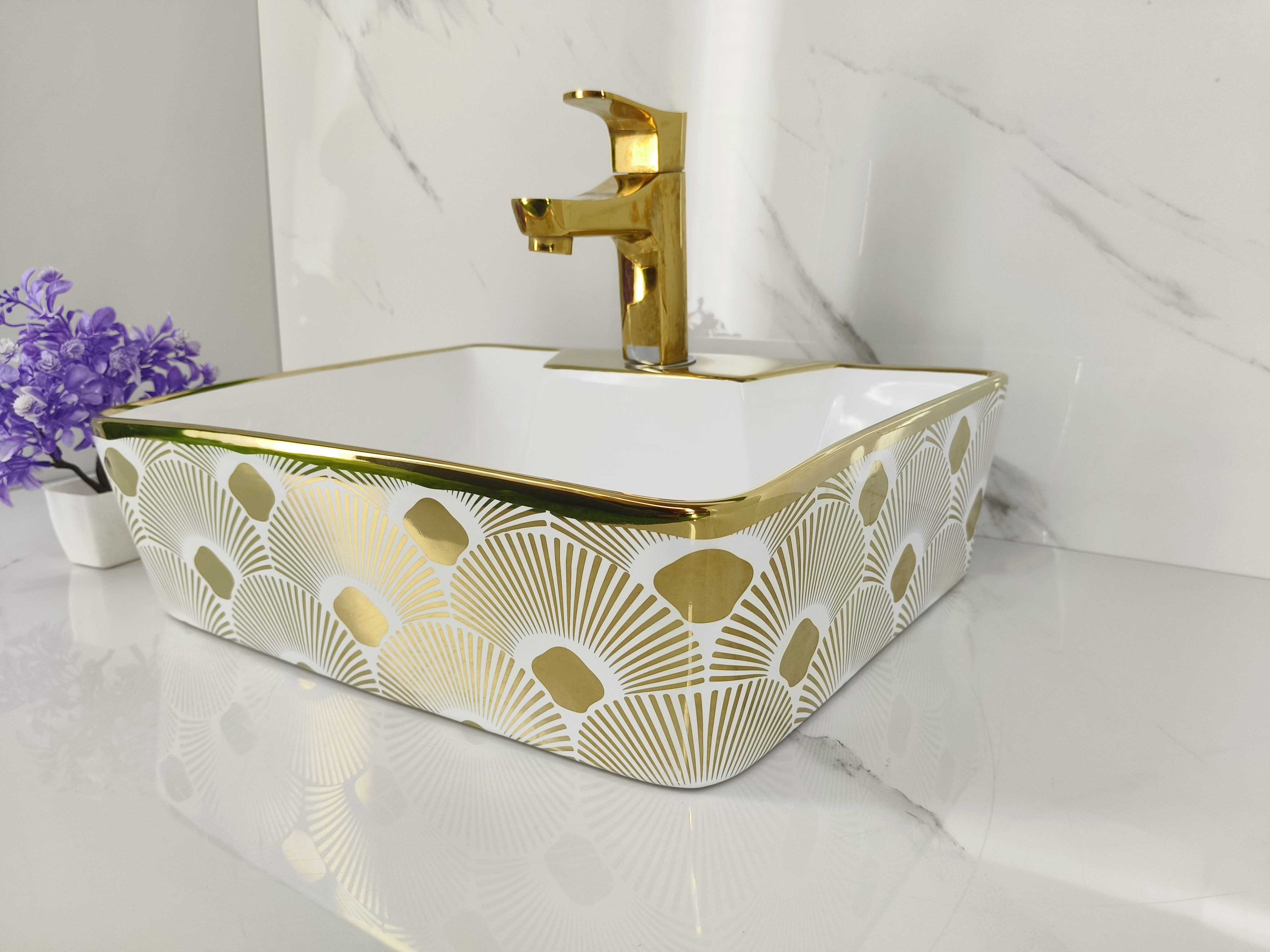 Premium Designer Table Top Counter Top Golden WashBasin Gold Ceramic WallMounted 4101(L41 X W30 X H13Cm) Very Stylish Bathroom Golden Ceramic Wall mounted Table Top Basin-image-4