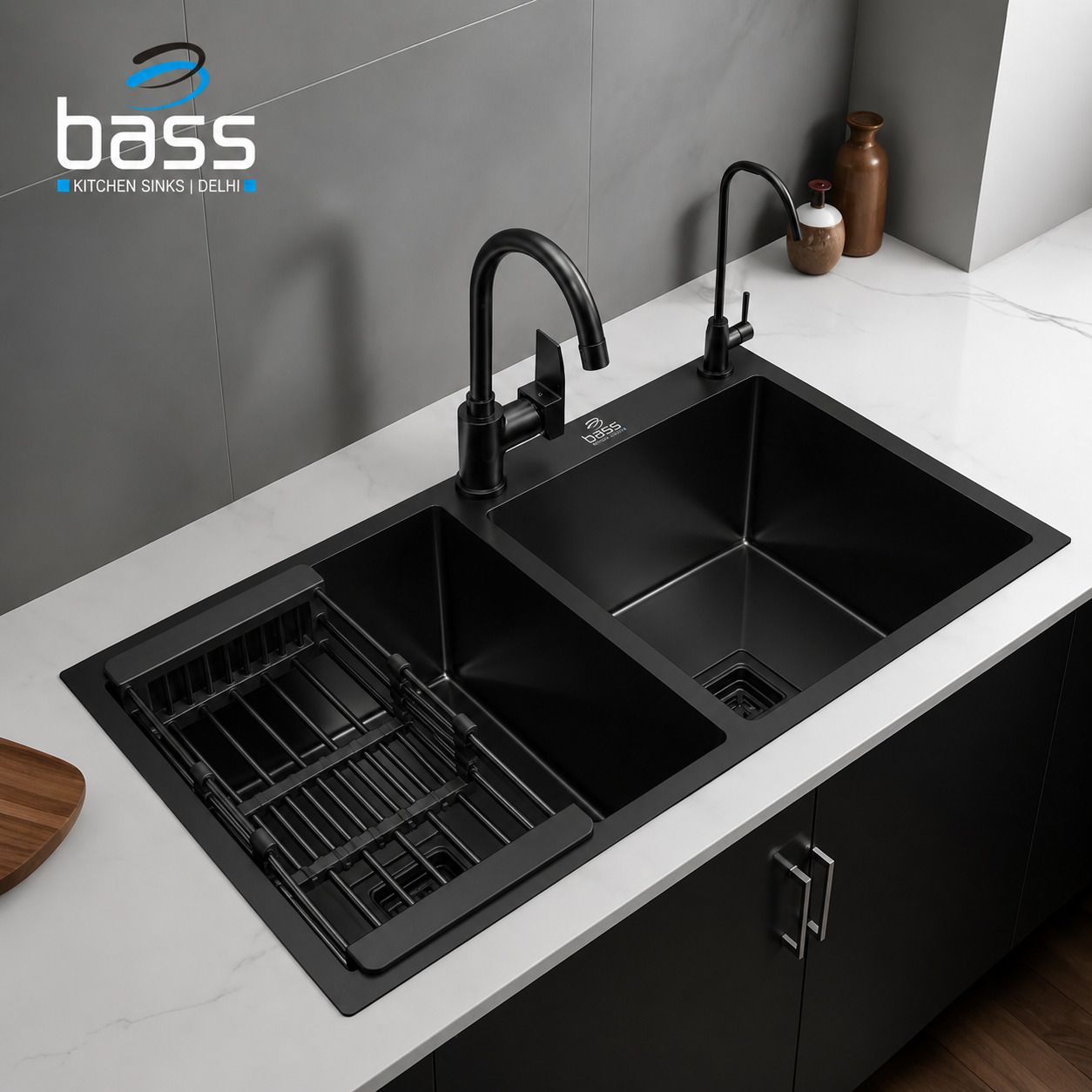 anshuljindal Bass 45 x 20 x 10 Inch Double Bowl Tap Hole Handmade Black Kitchen Sink 45x20 Deep Bowl | Matt Finish | Stainless Steel Vessel Sink (Black) Vessel Sink-picture-31