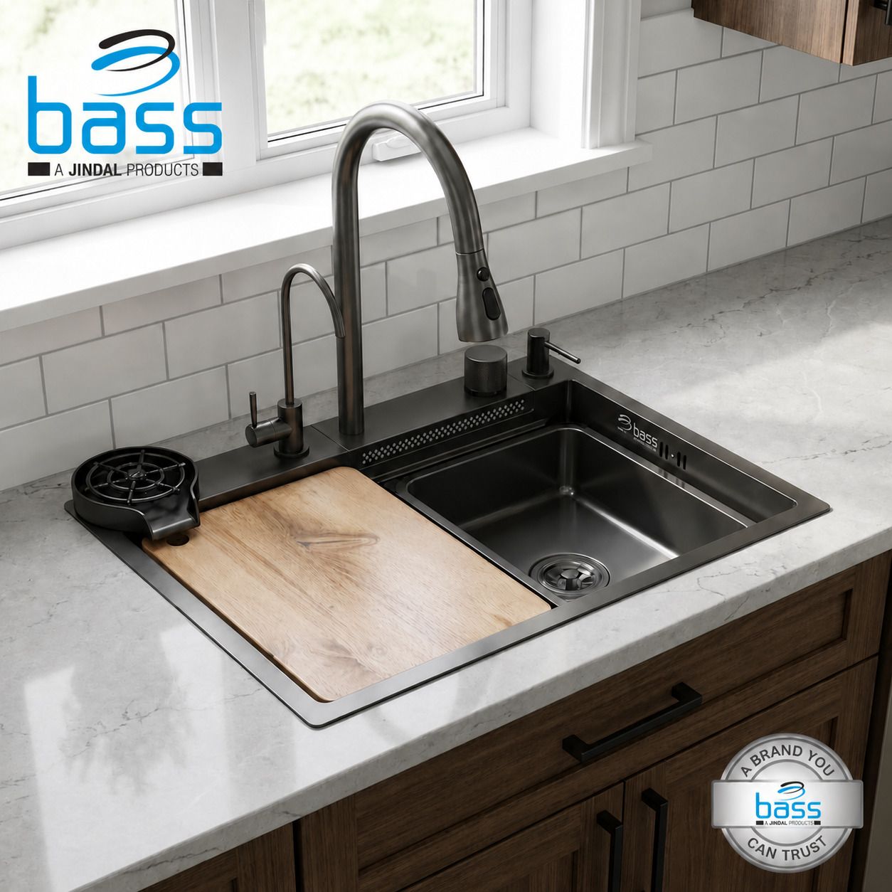 bass 30"x18"x9" Inch Waterfall kitchen sink 304 grade SS Black Finish Kitchen Sink Multifunctional Waterfall Kitchen Sink 304 GRADE All in One 30x18 inch Vessel Sink-picture-14