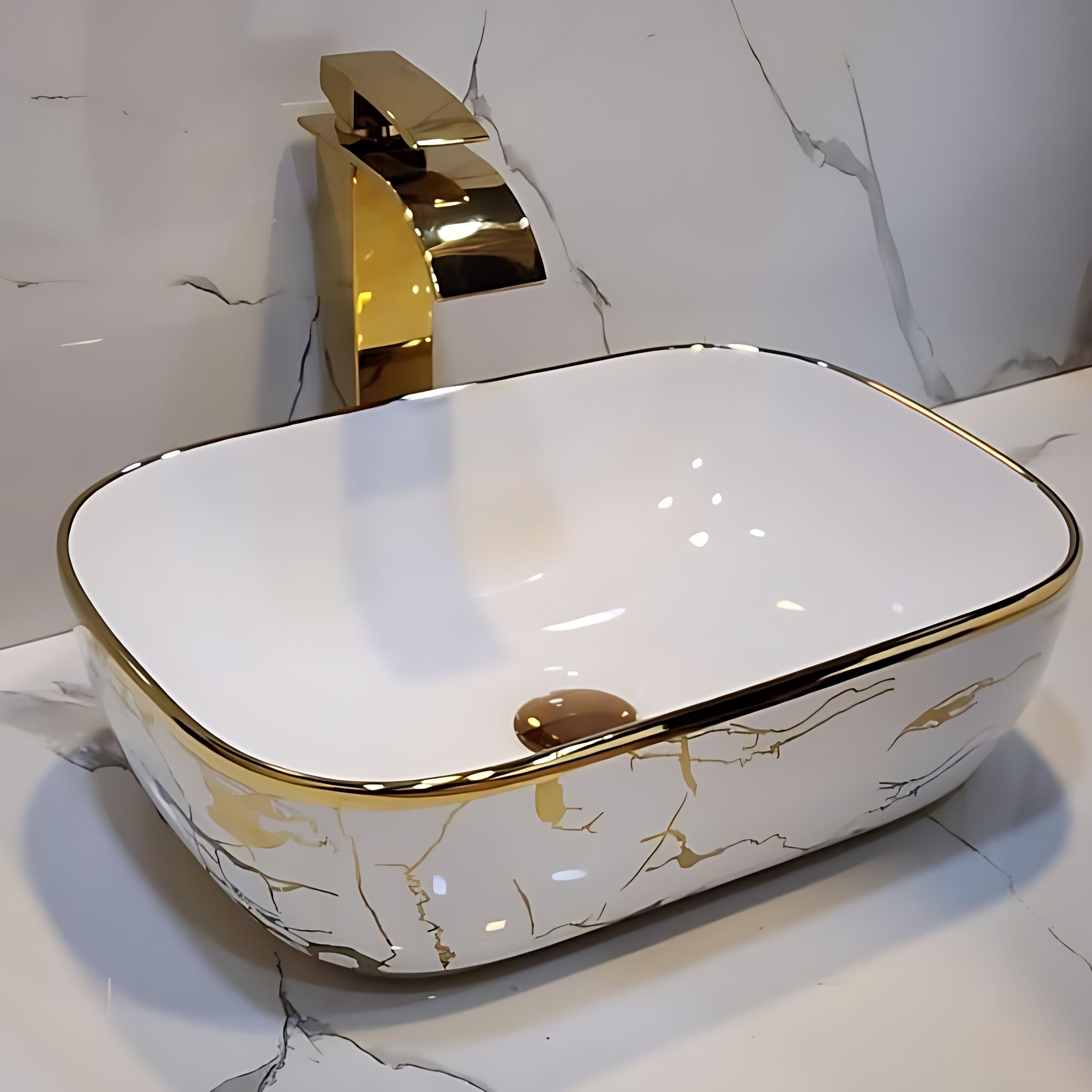 lofina Premium Designer Table Top Counter Top Golden Wash Basin Gold Ceramic Wash Basin 2304J(L45xW33xH13.5Cm) Very Stylish Bathroom Golden Ceramic Wash Basin Table Top Basin-picture-21