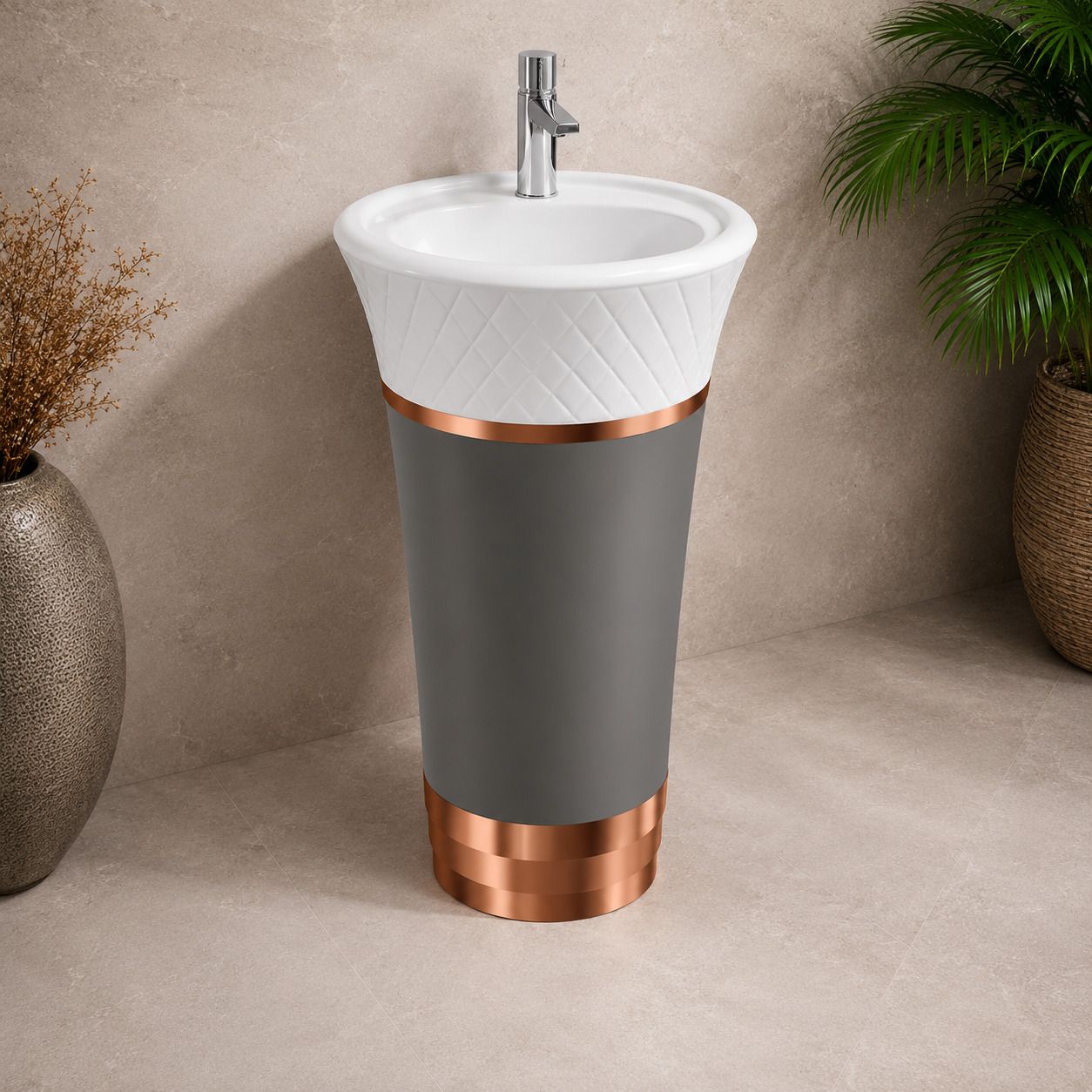 Artificial Stone Pedestal Basin | Designer Floor Mounted Wash Basin | Round Shape | Premium Bathroom Sink | White Pedestal Basin-image-34