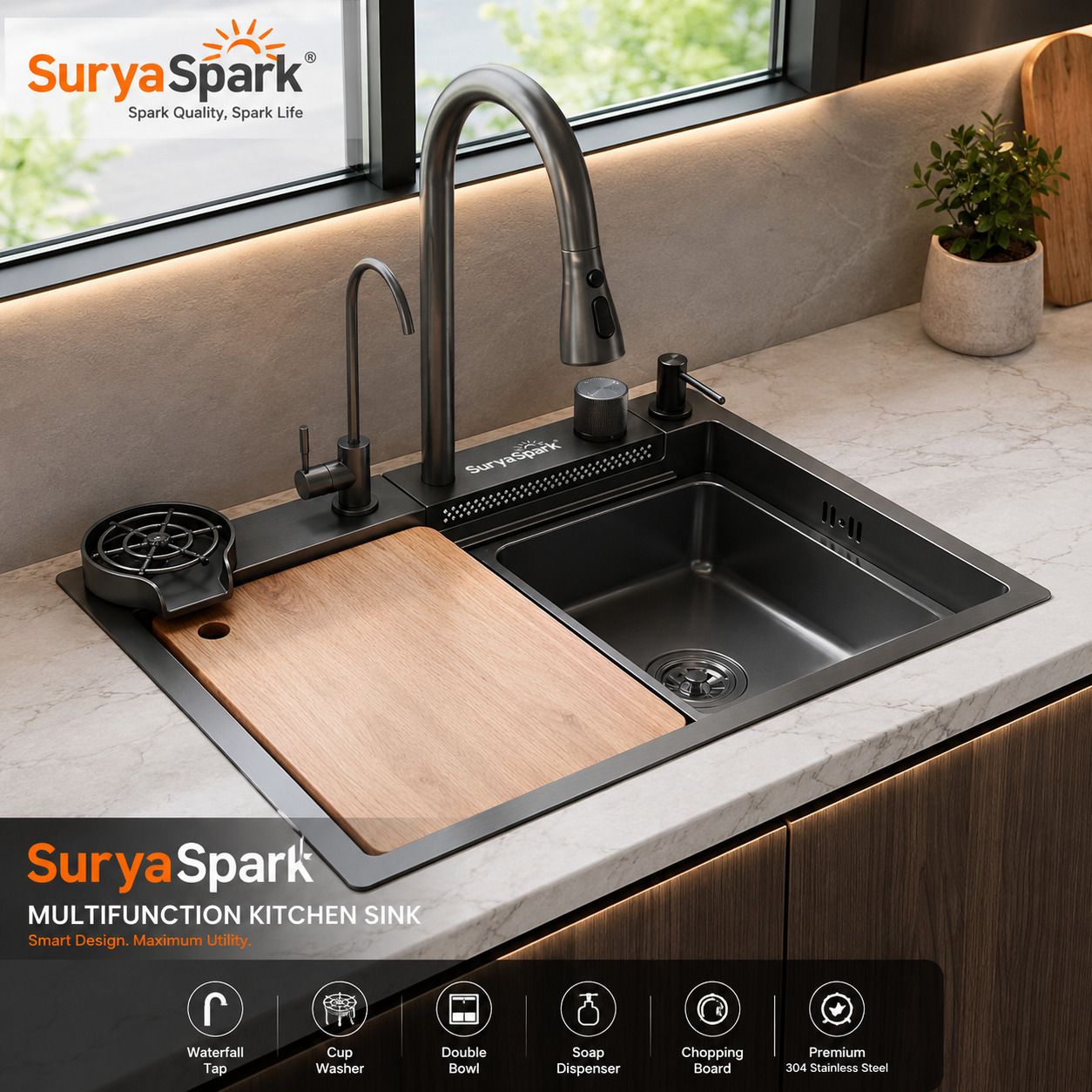 24X18 WATERFALL KITCHEN SINK 304 GRADE WITH INTEGRATED WATERFALL WITH PULLOUT FAUCET & GLASS WASHER & RO WATER TAP & SOAP DISPENSER Vessel Sink-image-3